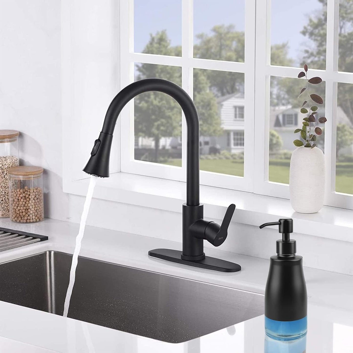 AUMIO 2-Pack Matte Black Dish Soap Dispensers with Non-Slip Silicone Pads | Stainless Steel Case & Glass Liner