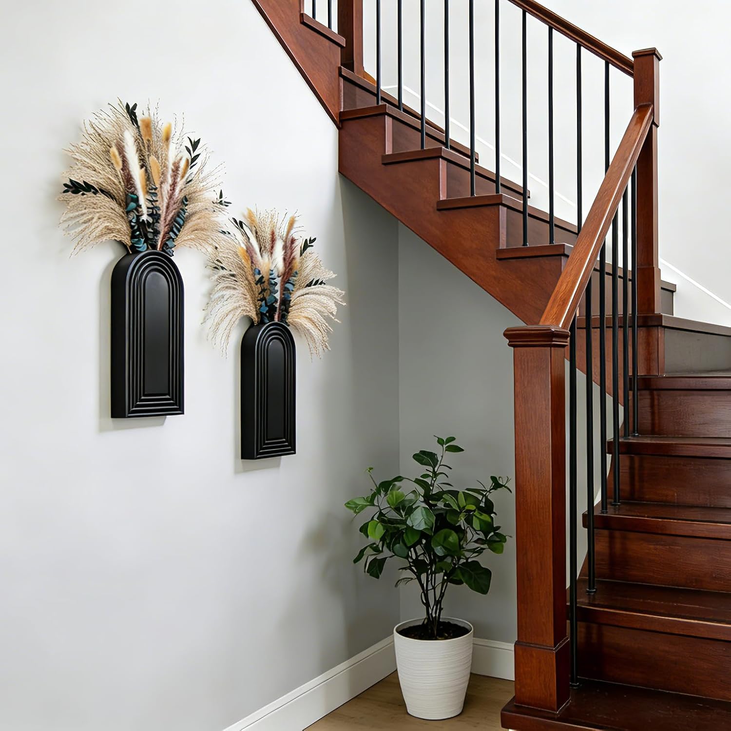 Wooden Wall Vase Set / Black with Dry Flowers / Set of 2