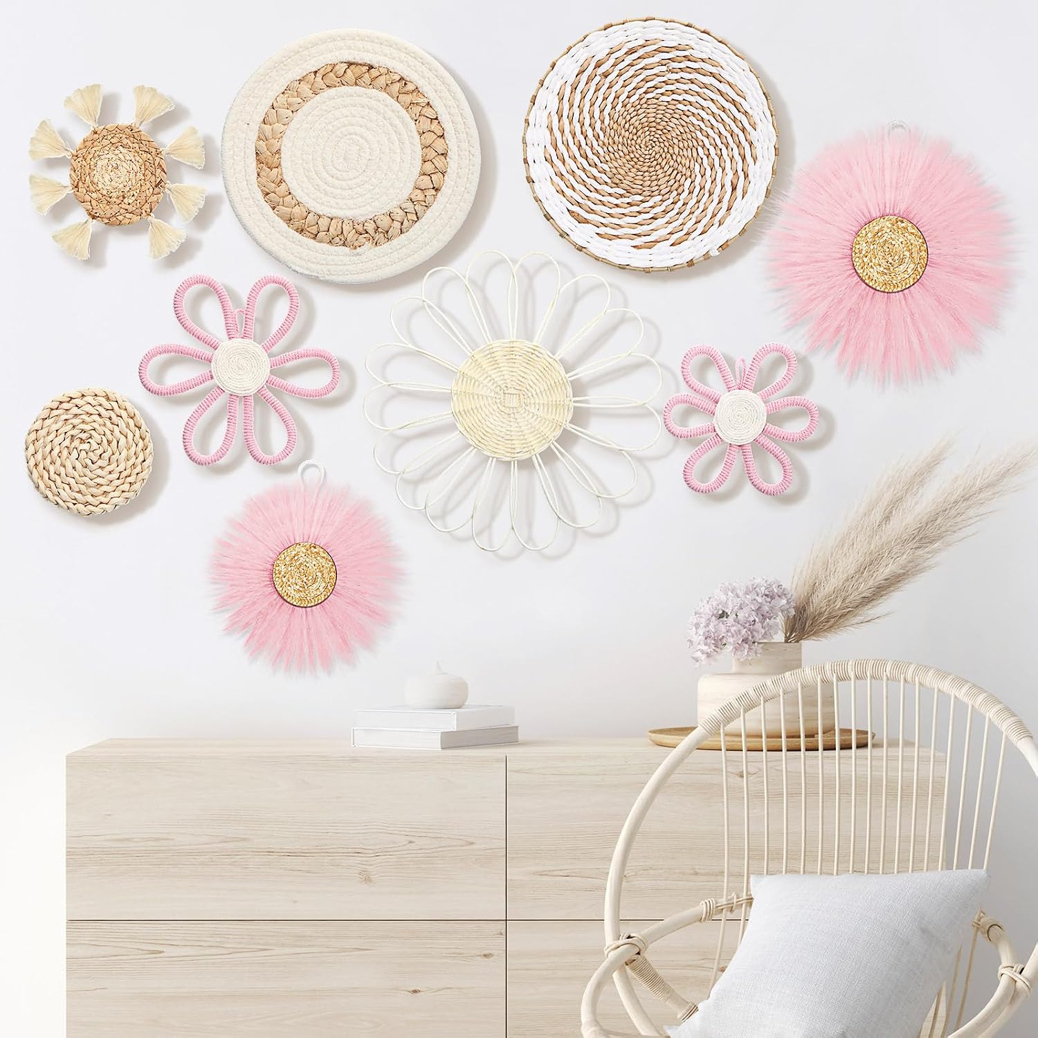 Boho Nursery Wall Decor Daisy Flower Woven Macrame Seagrass Rattan Basket / White Pink / Set of 9