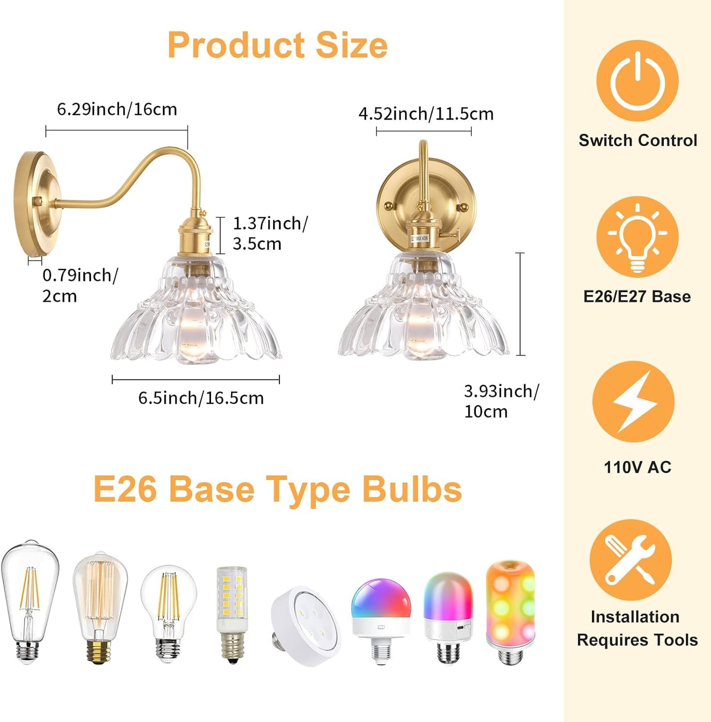 Shenmoyl Battery Operated Wall Sconce, Vintage Rechargeable Wall Lights with Clear Lily Glass Shade, Wireless Indoor