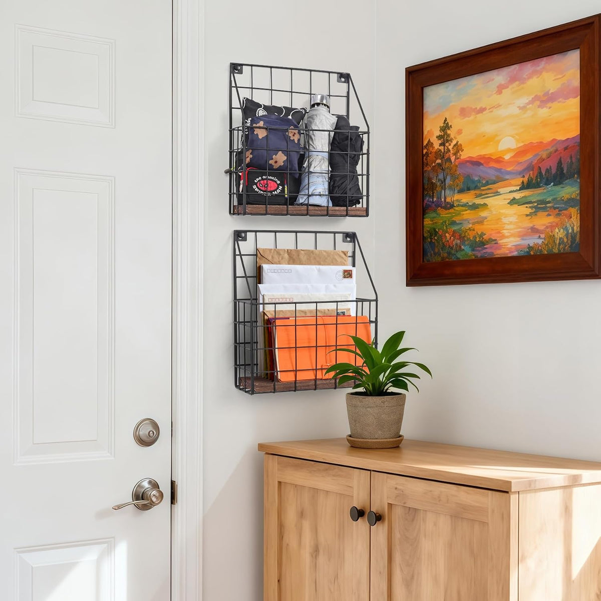 Mail Holder Magazine Basket - 2 Pack Black Wall Mount File Organizer Rack of Wooden Style with Adhesive Mounting