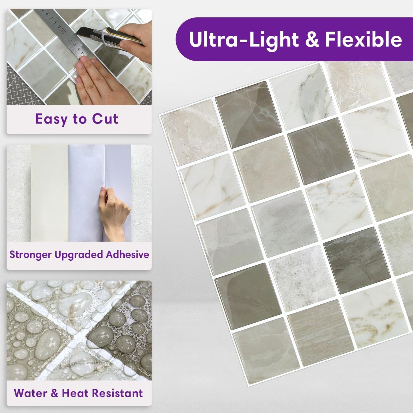 Thicker Marble Peel and Stick Backsplash Tiles- of "-3D / ST-SM-G / Brown / 12 x 12 / Set of 10