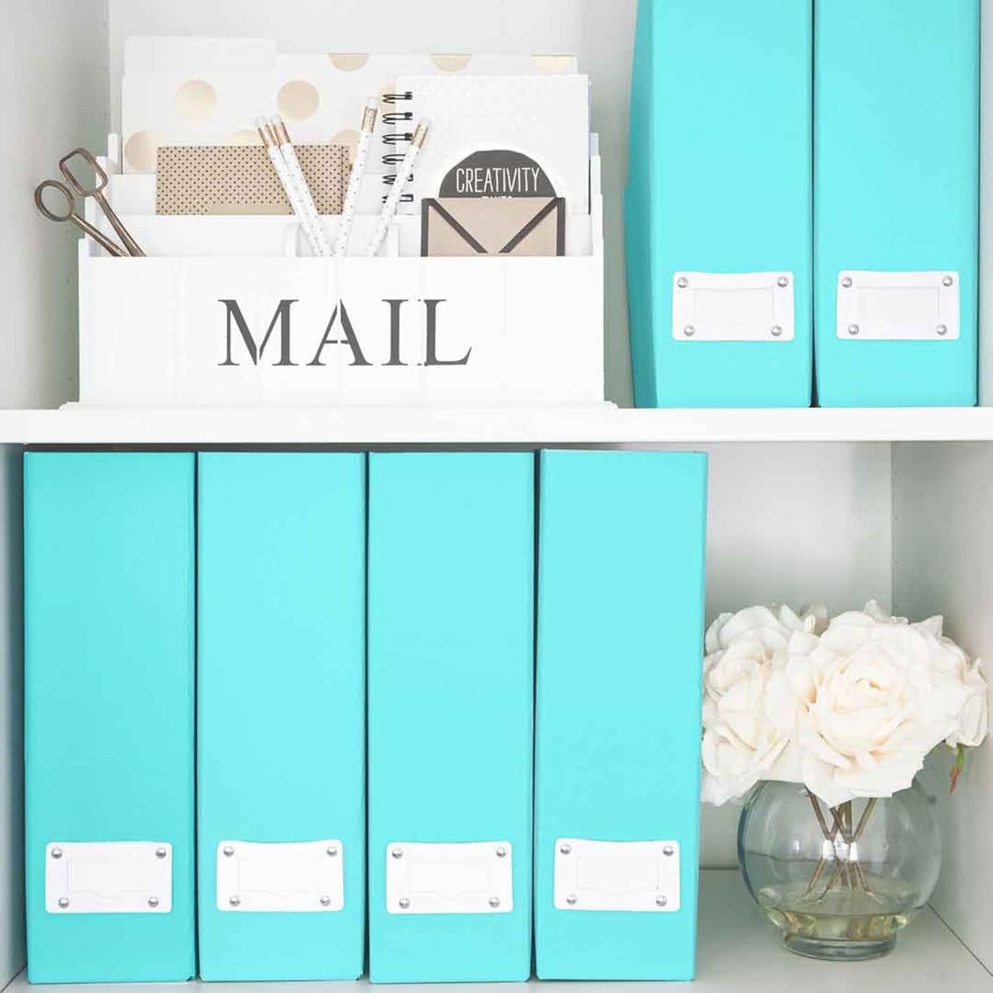 BLU MONACO Set of 6 Aqua Magazine File Holders | Foldable Magazine Storage Boxes with White Leather Label Holders