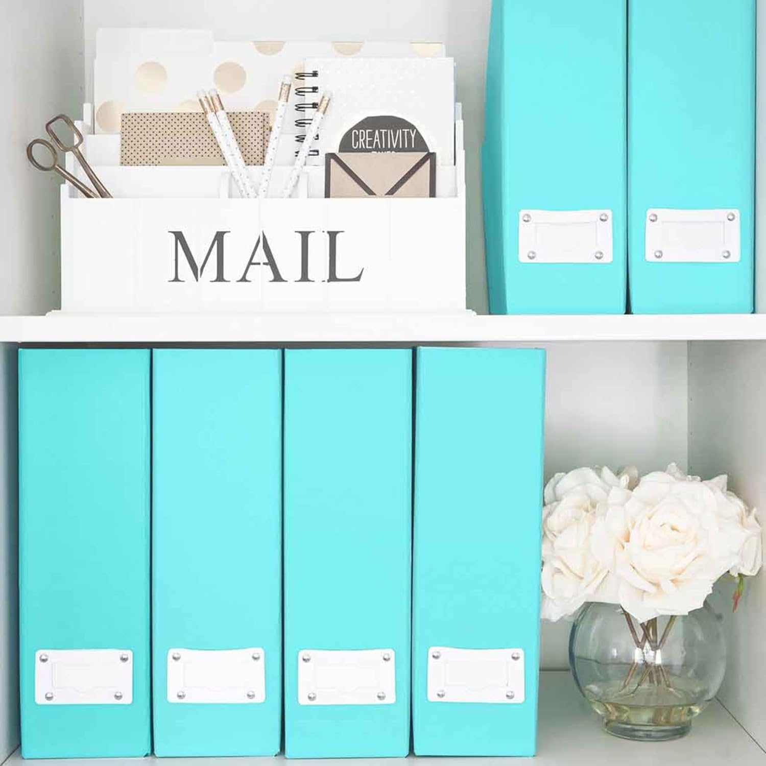 BLU MONACO Set of 6 Aqua Magazine File Holders | Foldable Magazine Storage Boxes with White Leather Label Holders