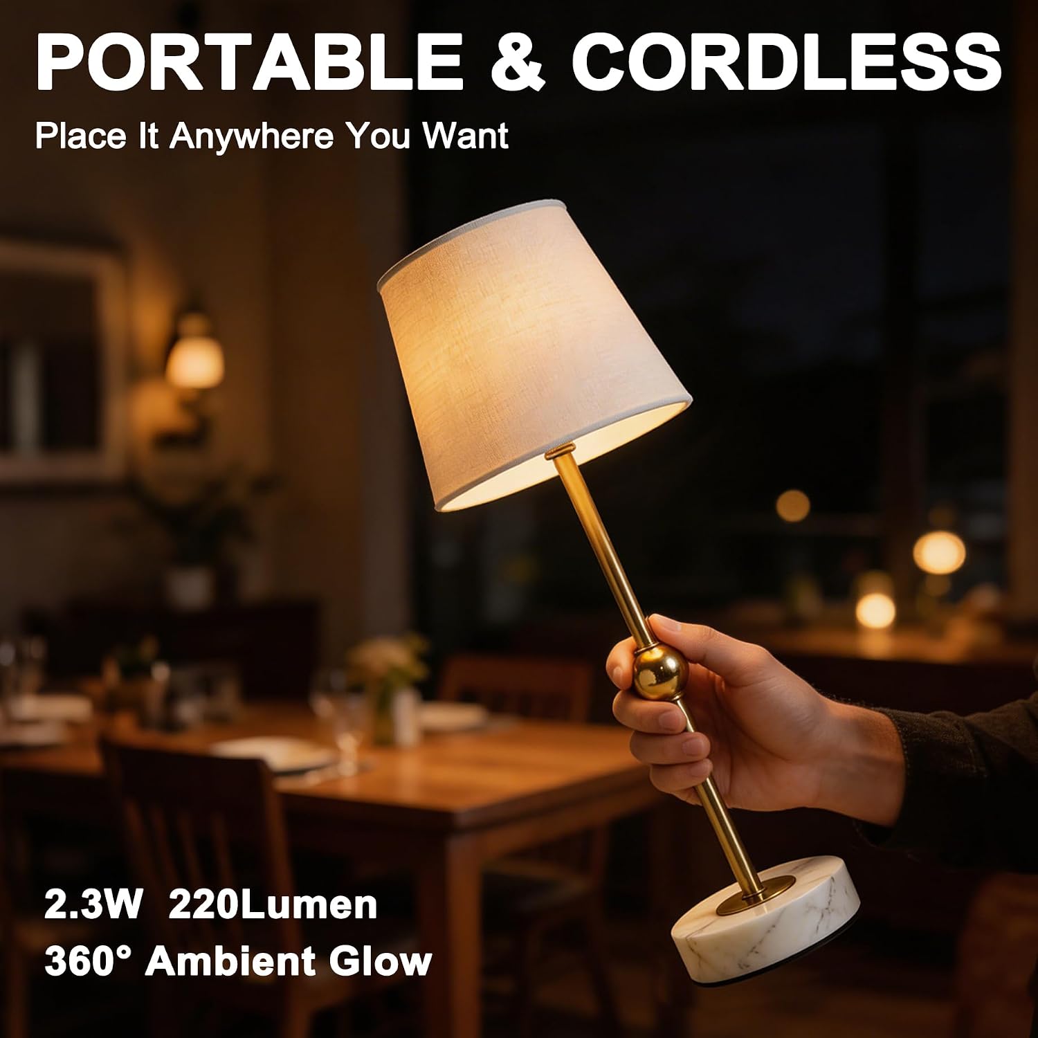 17.5" Cordless Table Lamp – Battery Operated Lamp & Rechargeable Lamp & Dimmable with Detachable Magnetic Bulb, Marble