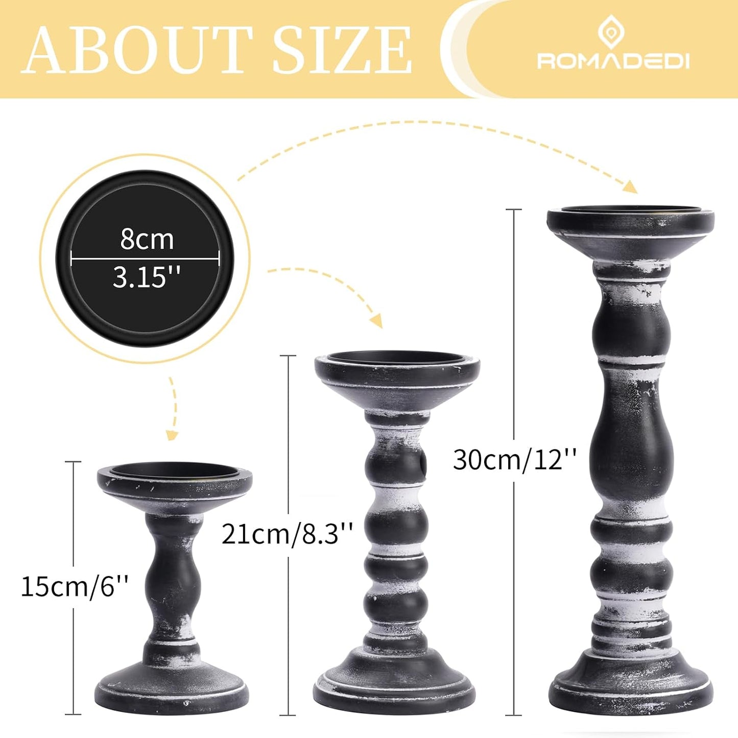 Romadedi Black and Gray Distressed Wood Pillar Candle Holders, Set of 3 | Rustic Farmhouse Wood Candle Set for Mantel