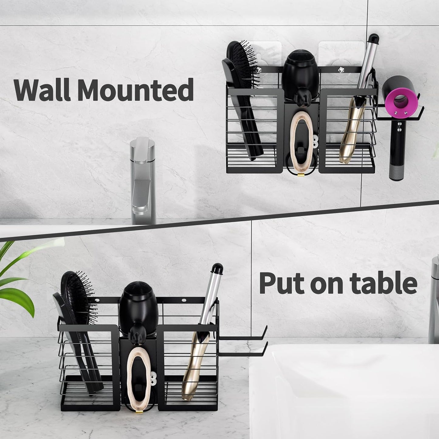 FUNKYLEE Hair Tool Organizer Hair Dryer Holder, 3 in 1 Metal Bathroom Blow Dryer Organizer Wall Mount for Flat Iron
