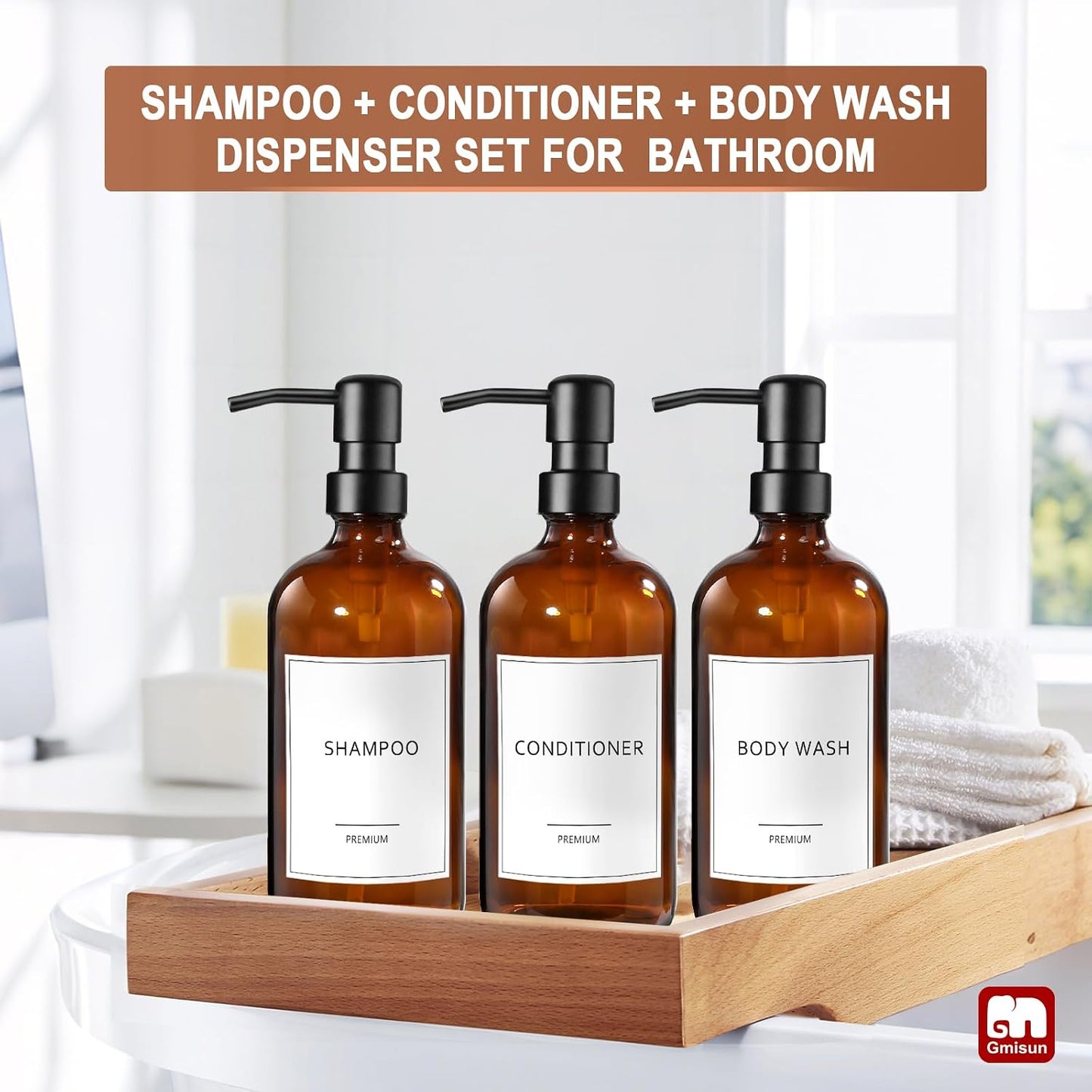 GMISUN Shampoo and Conditioner Dispenser, 3 Pack Amber Glass Bathroom Shampoo Conditioner Body Wash Dispenser with Pump