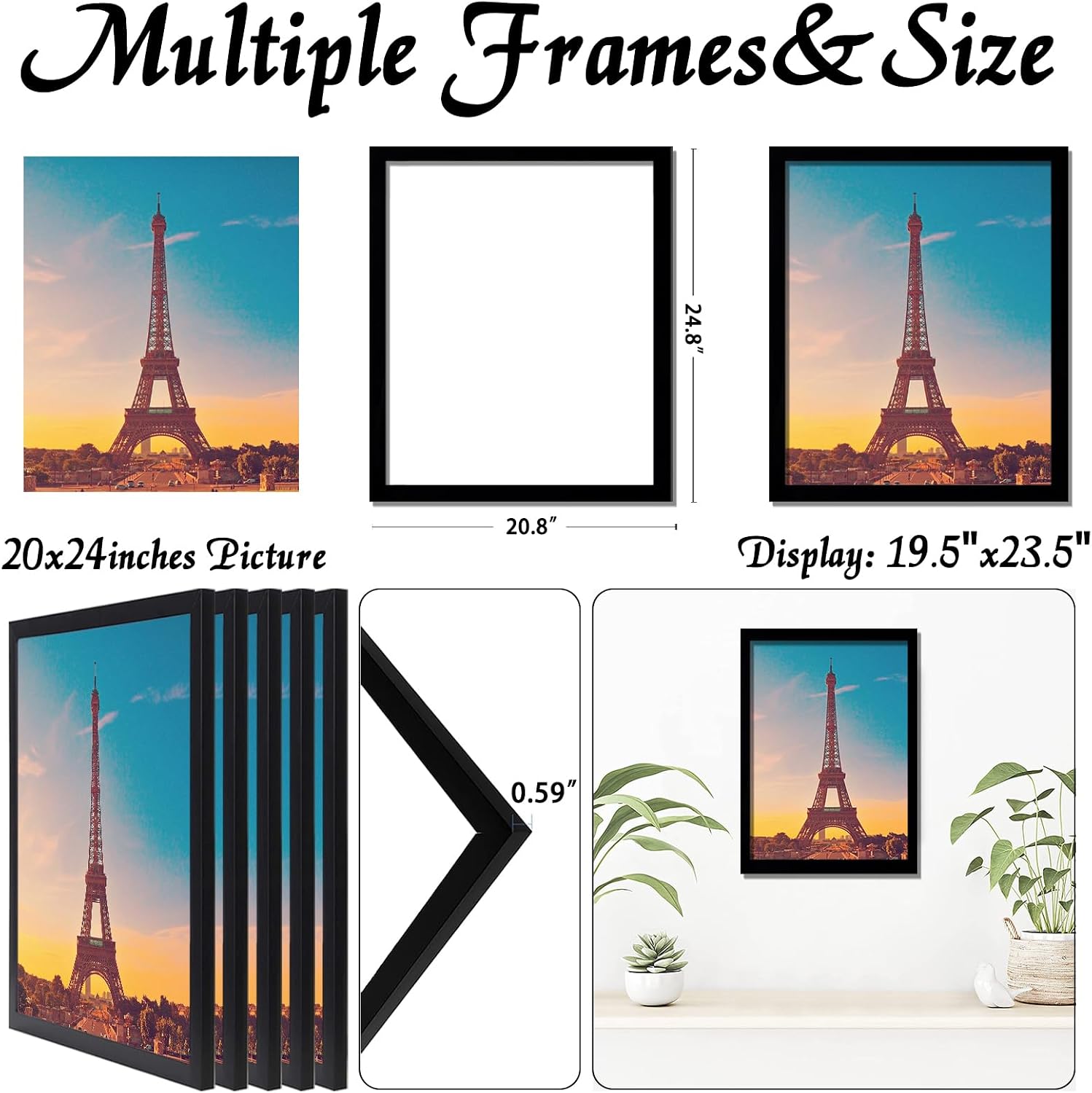 20x24 Picture Frame Set of 5, Black Photo Frames for Gallery Wall Hanging | High-Clarity Clear Panel, Horizontal &