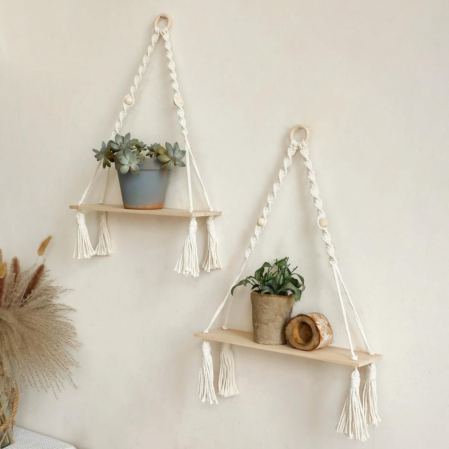 Wooden Wall Hanging Shelves / Beige Macrame / Set of 2