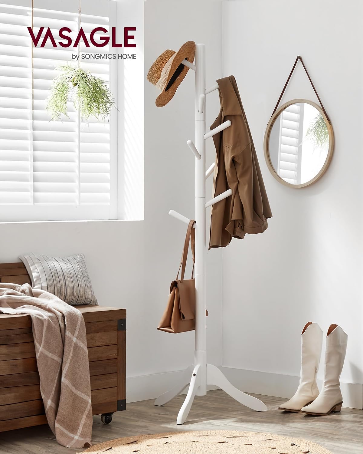 VASAGLE Solid Wood Coat Rack, Free Standing Tree-Shaped Coat Rack with 8 Hooks, 3 Height Options, for Clothes, Hats