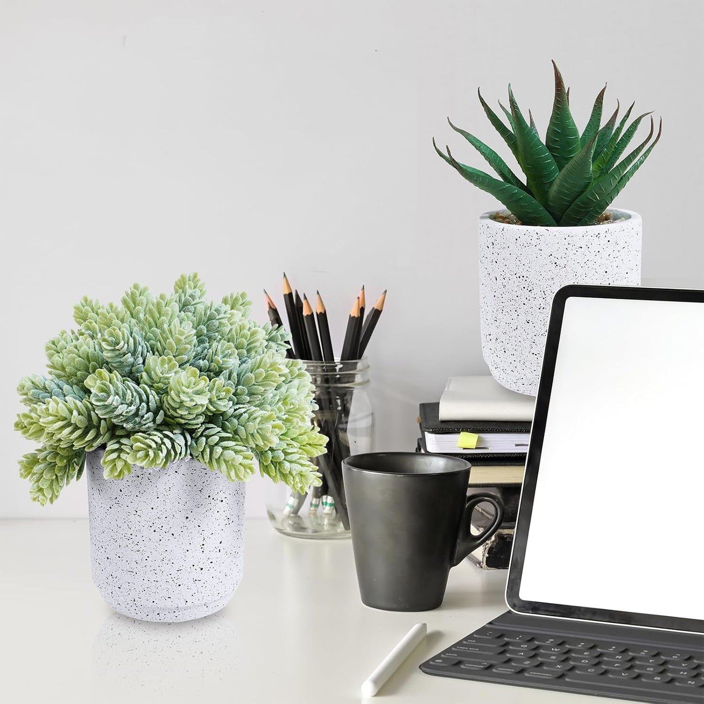 Artificial Potted Succulent Plants in Cement Planters Faux Aloe Hops String / White / Set of 3