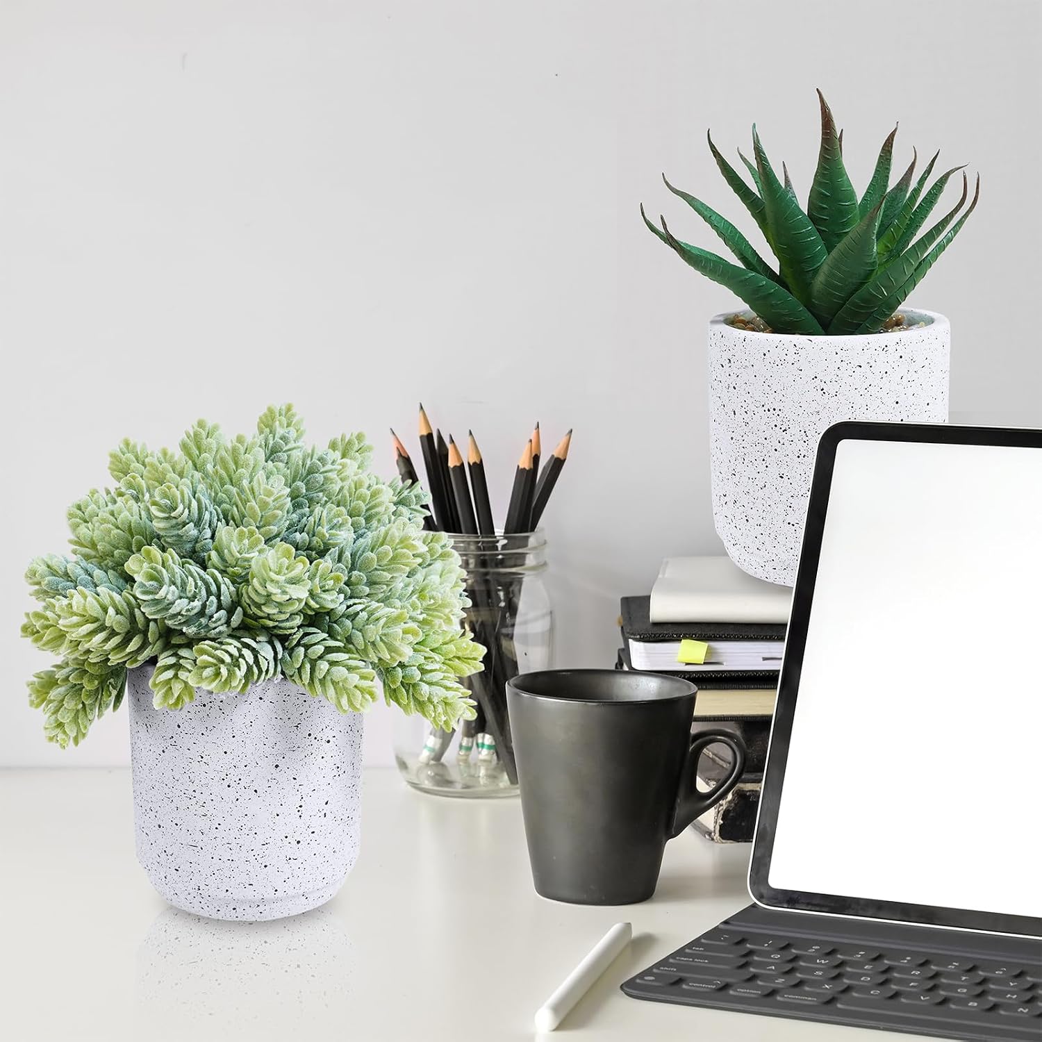 Artificial Potted Succulent Plants in Cement Planters Faux Aloe Hops String / White / Set of 3