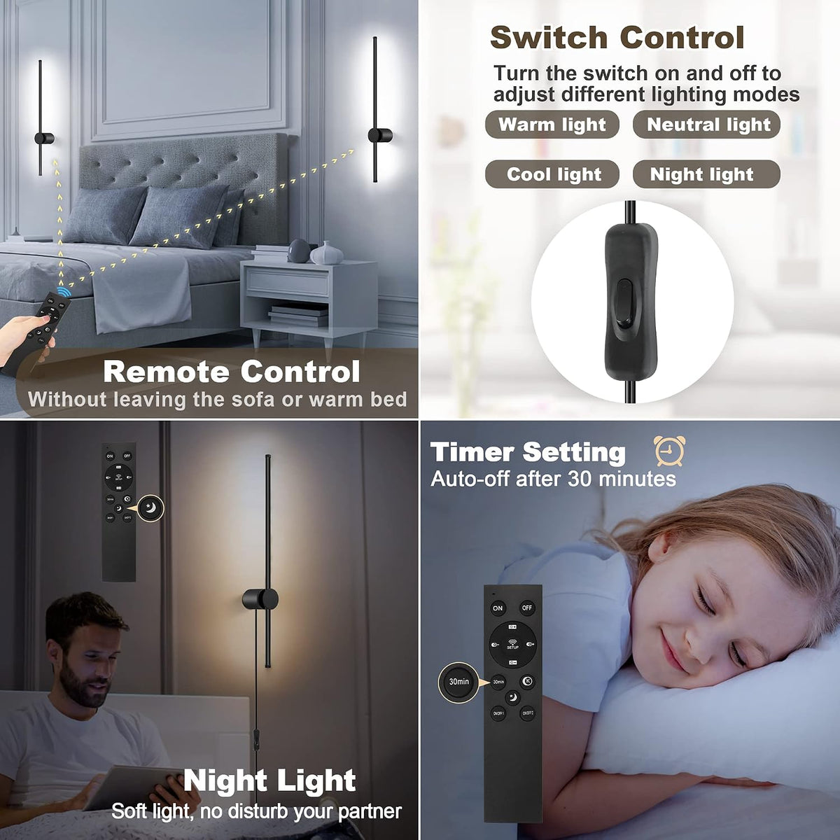 GOODATE Wall Sconces Set of Two with Remote, Stepless Colors 3000K-6500K & Stepless Dimming, Hardwire or Plug-in, 180°