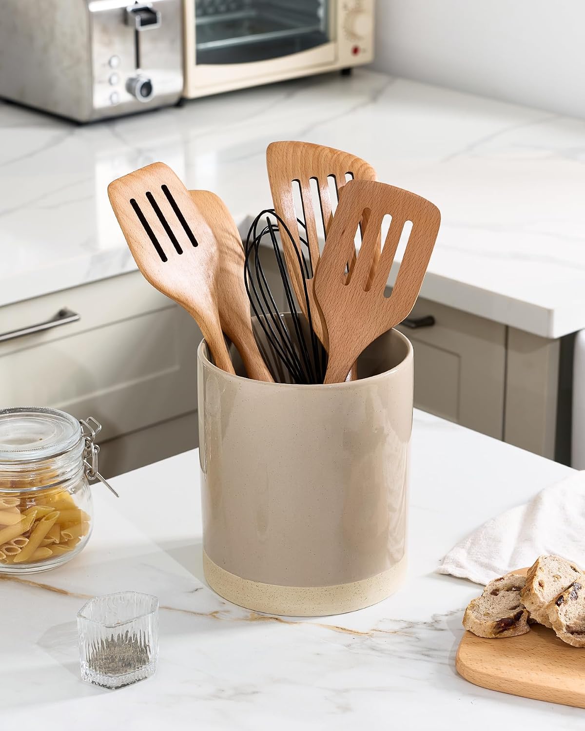 famiware Ceramic Utensil Holder, 7.2"+5.8", Set of 2, Cinnamon Brown | Cooking Utensil Crocks, Organizer for Spatula &
