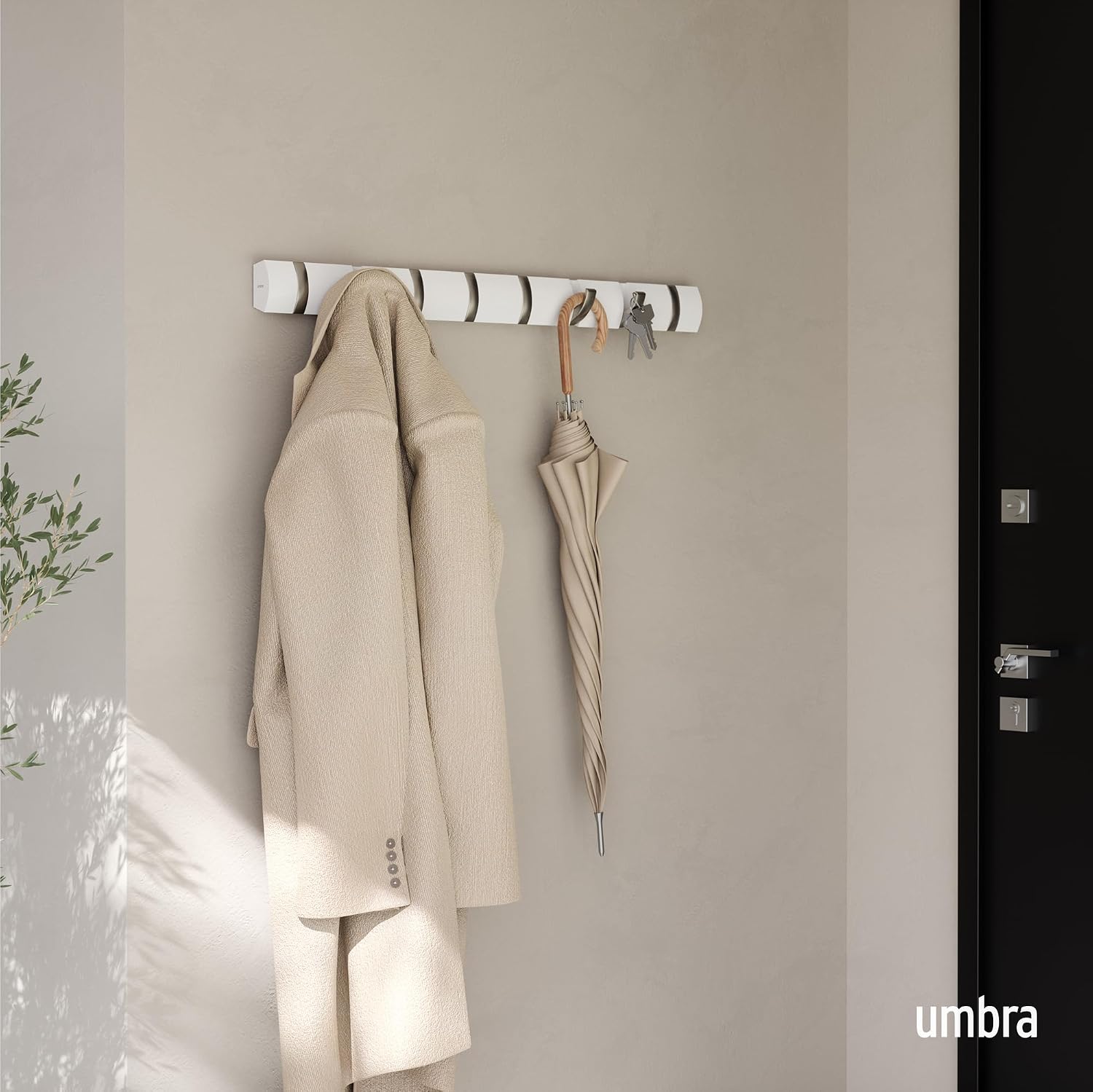 Umbra Flip Coat Rack, Wall Mount 8-Hook, Space Saving, White | Real wood and steel build, retractable hooks fold flat