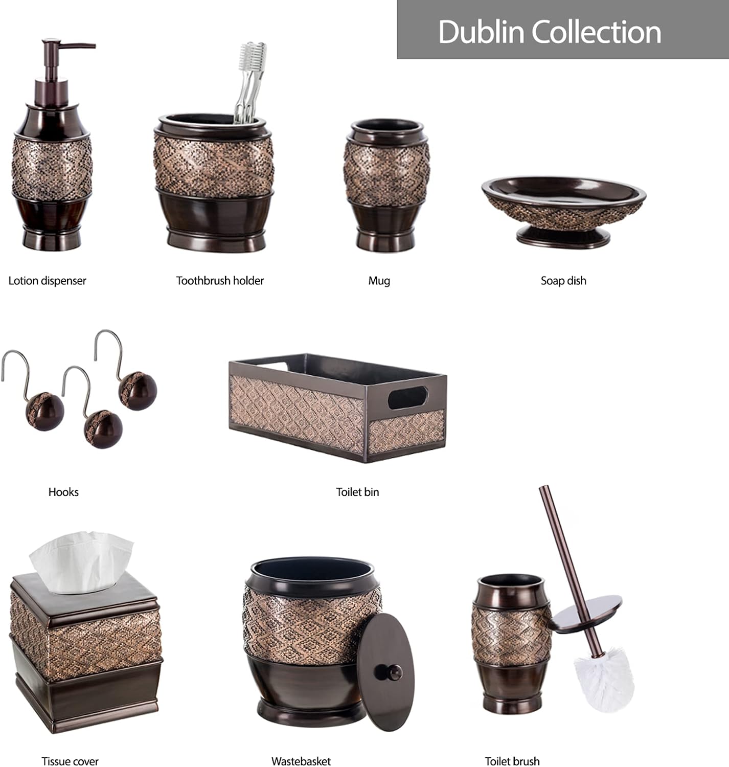 Creative Scents Dublin Brown 6 Piece Resin Bathroom Accessories Set | Includes Toilet Brush and Holder, Tissue Box