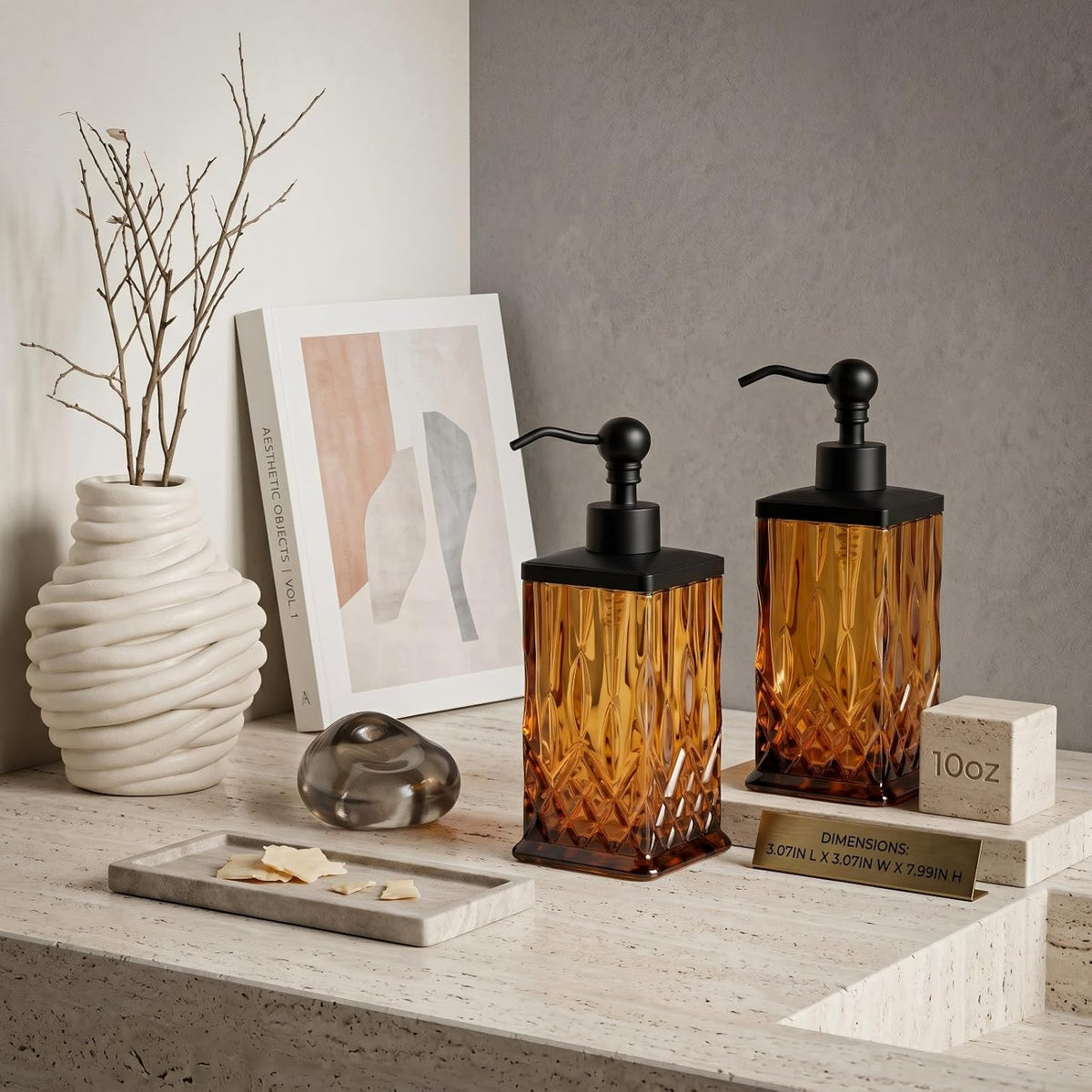 2 Pack 10Oz Amber Soap Dispenser, Square Thick Glass | Featured texture pattern, for lotion,hand soap or body wash for