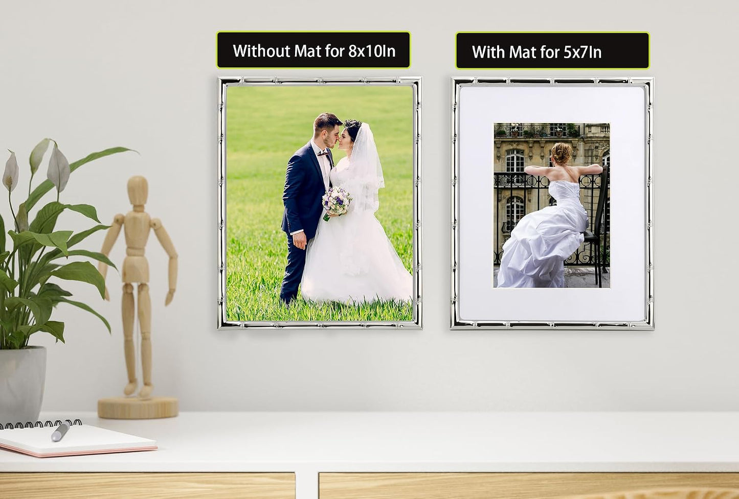 YiPinYin 8x10'' Bamboo Detail Designs Silver Metal Picture Frame with Mat for 5x7'' Set of 2,Narrow Silver Plated Photo