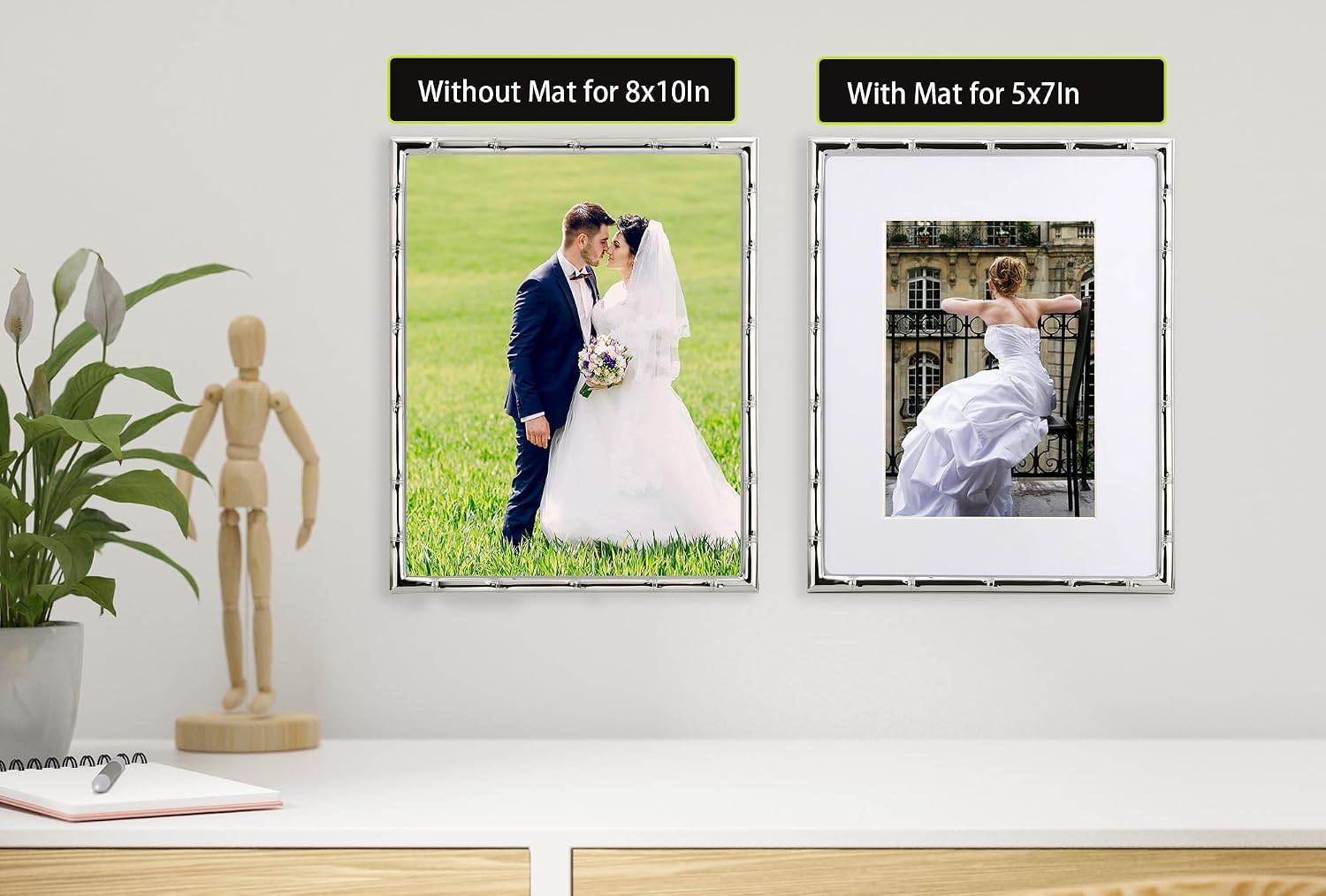 YiPinYin 8x10'' Bamboo Detail Designs Silver Metal Picture Frame with Mat for 5x7'' Set of 2,Narrow Silver Plated Photo