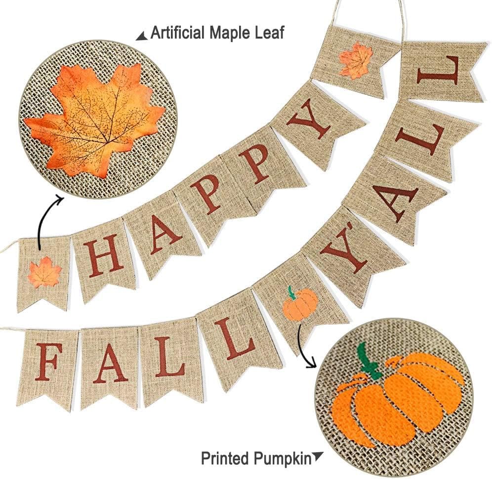 Happy Fall Yall Burlap Banner for Mantel Thanksgiving Decorations Autumn Sign Decor Rustic Farmhouse Banner Pumpkin Harvest Party Fireplace Wall Hanging Indoor Outdoor Pumpkin Patch Yard Home Office Garland Decoration