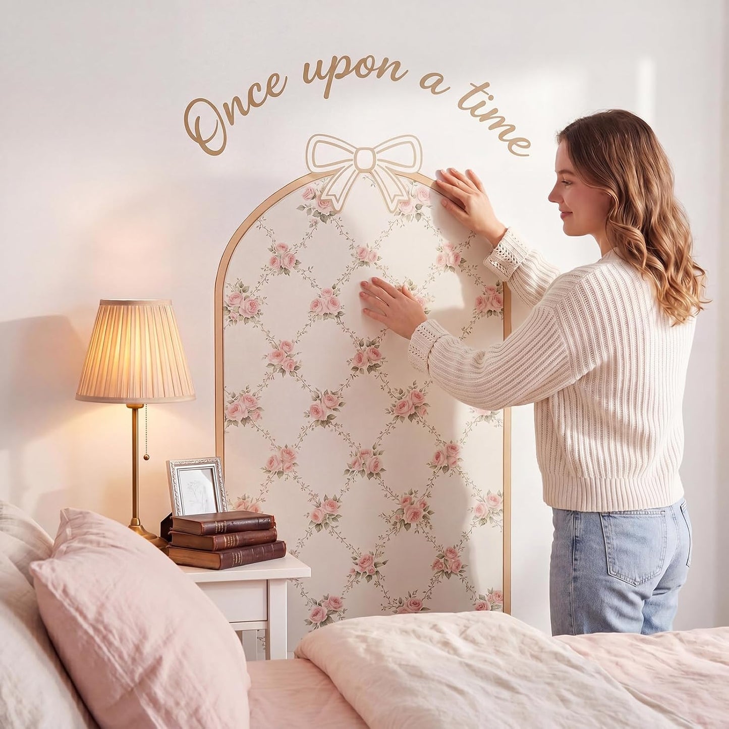 Flower Arch Wall Decals Bow Floral Stickers Nursery Wallpaper Once Upon a Time Sign / Pink / 60 x 35