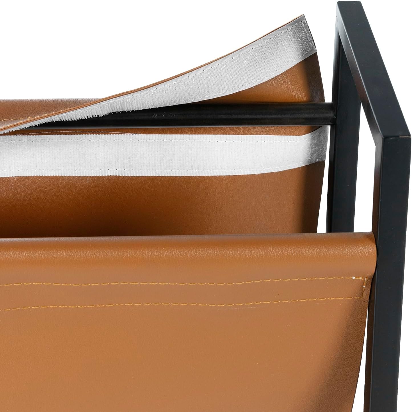 MyGift Caramel Leatherette Magazine Holder, Black Metal Floor Rack | Open sling design keeps magazines, newspapers, and