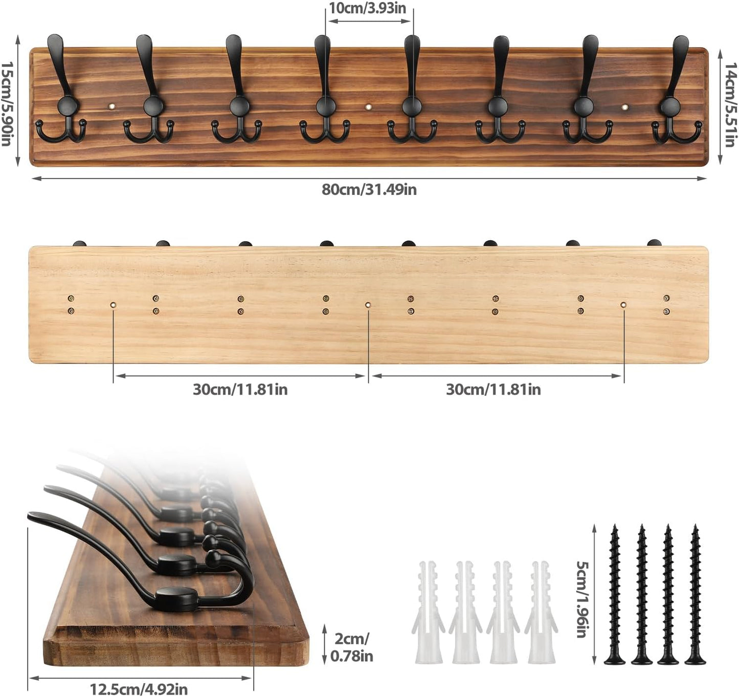 Coat Rack Wall Mount, Wooden Heavy Duty Coat Rack for Wall,8 Triple Coat Hanger Hooks for Hanging