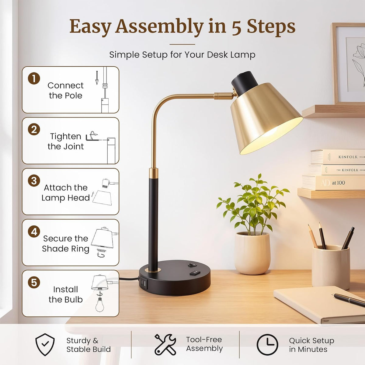 Desk Lamp with USB-C, USB-A and AC Outlet, Adjustable E26 Table Lamp for Home Office and Bedside Reading, Matte Black