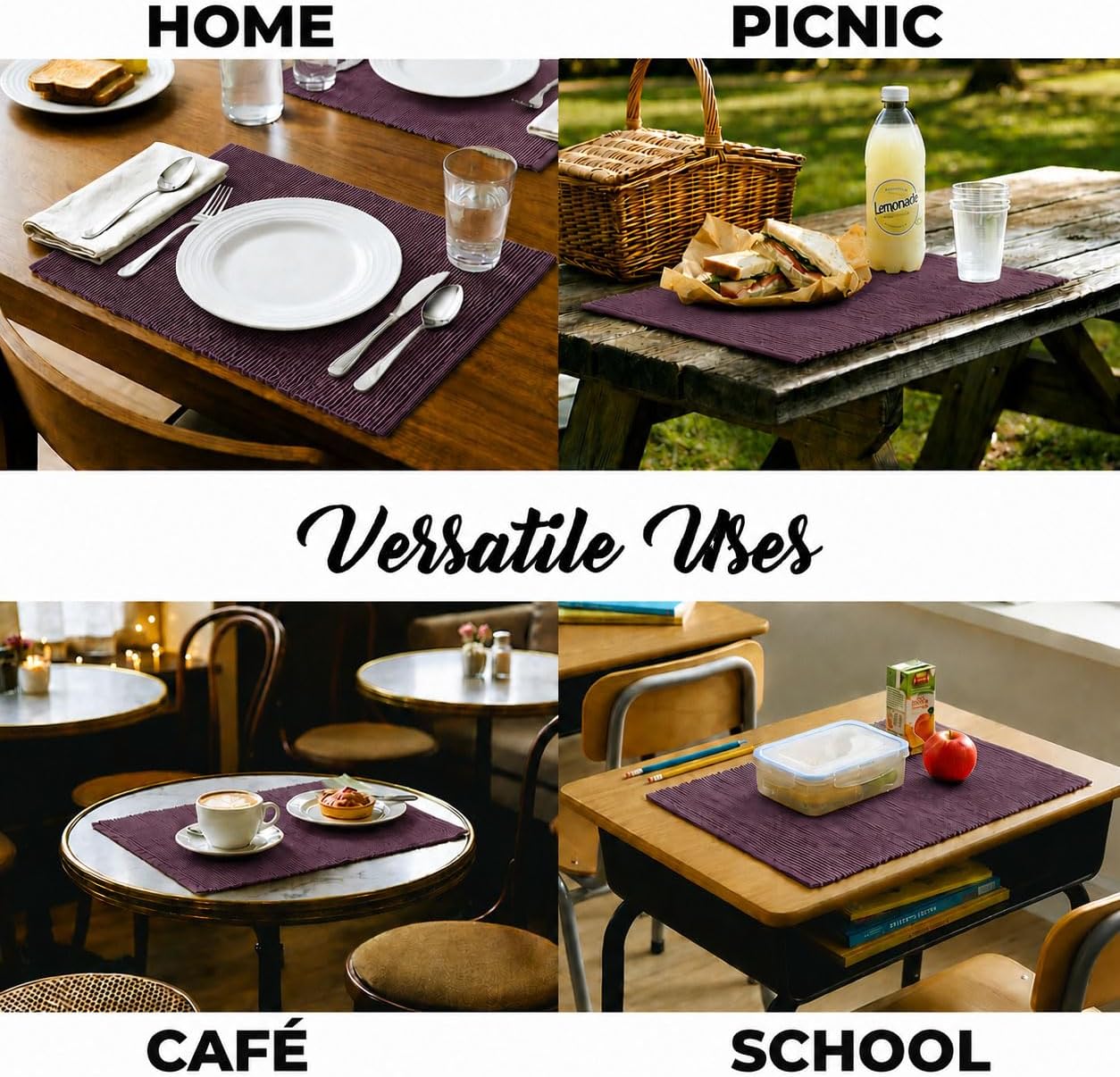 100% Cotton Ribbed Placemats - Set of 8-13 x 19 Inches - Dark Purple - Everyday Cloth Table Mats - Thick Construction