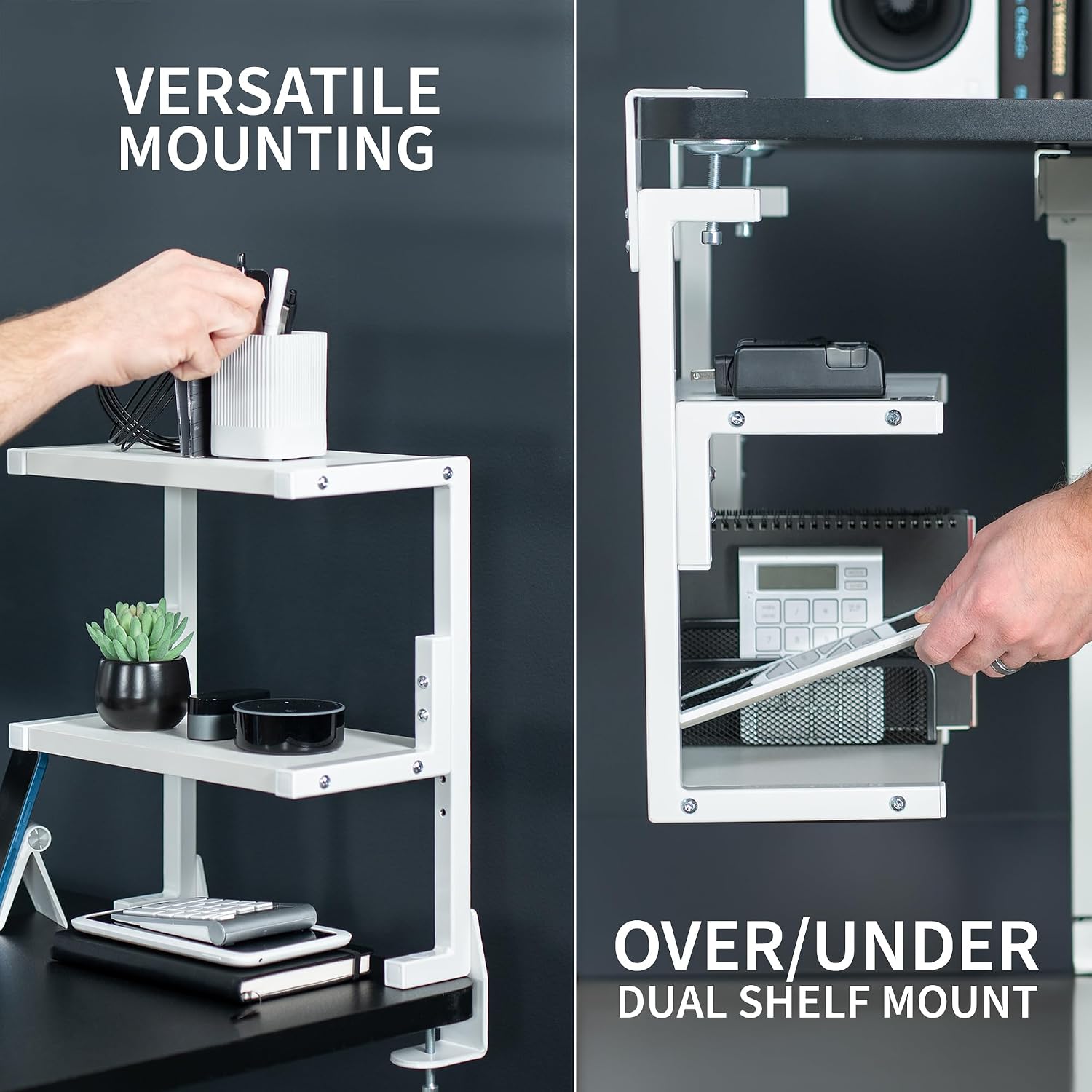 VIVO White Clamp-on 13 inch 2-Tier Desk Shelf, STAND-SHELF2CW | Above or Below Desk, 2 Level Shelving Unit for Table