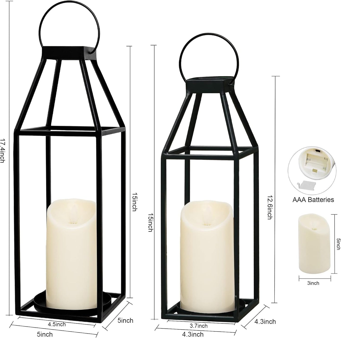 HPC Decor Black Metal Candle Lanterns Set of 2- Lanterns Decorative with Flickering Timer Candles- 17.4'' & 15'' Rustic