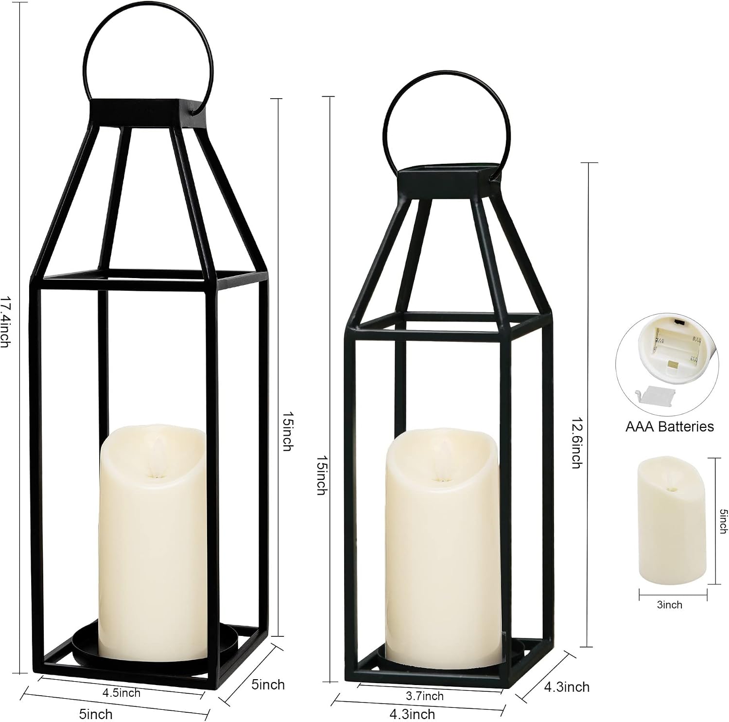 HPC Decor Black Metal Candle Lanterns Set of 2- Lanterns Decorative with Flickering Timer Candles- 17.4'' & 15'' Rustic