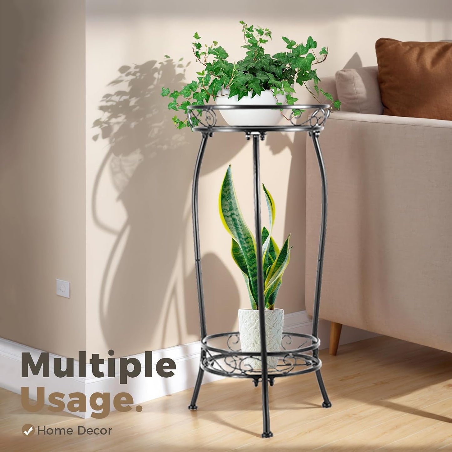 Kavlium Plant Stand Indoor Outdoor, Tall Black Metal, 2 Tier 27.1 Inch | Rustproof Metal, Stable 3-Leg Base, Heavy Duty