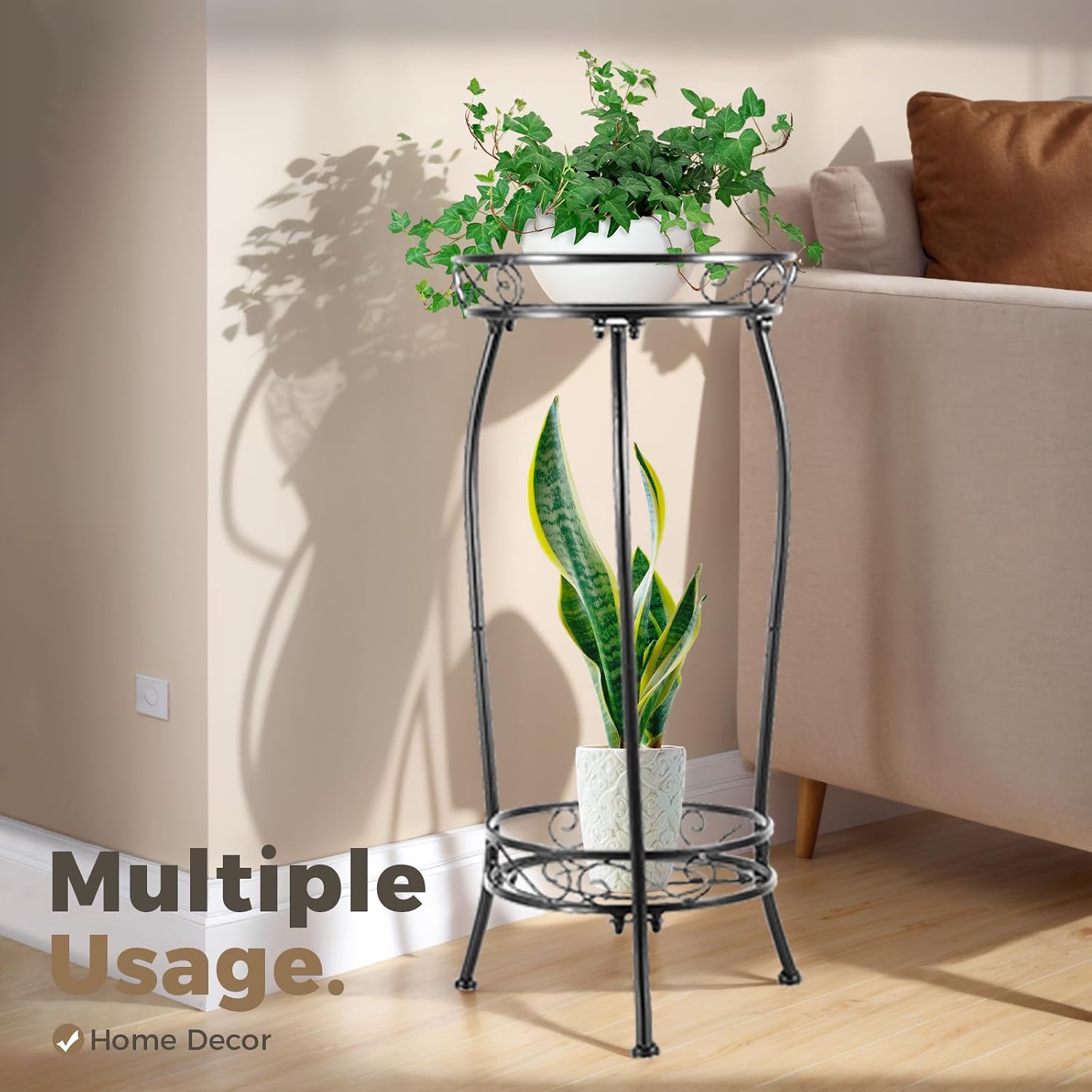 Kavlium Plant Stand Indoor Outdoor, Tall Black Metal, 2 Tier 27.1 Inch | Rustproof Metal, Stable 3-Leg Base, Heavy Duty