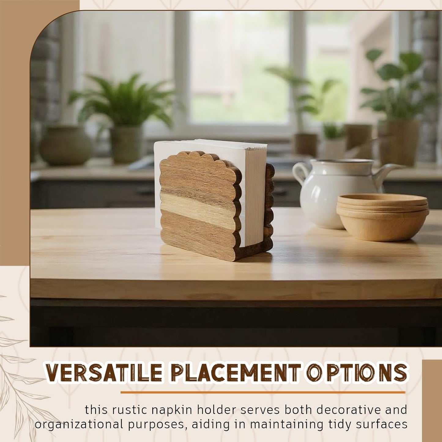 Acacia Wood Napkin Holder Scalloped Upright Napkin Dispenser / No Text / Dark Brown