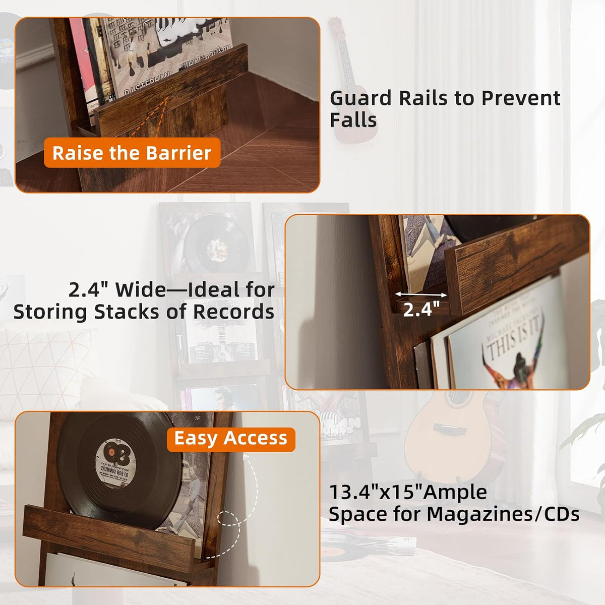 Wall-Leaning Vinyl Record Holder with 3 Tier Display Shelf, 47.5'' Tall Record Storage Magazine Holder, Vinlys Stand