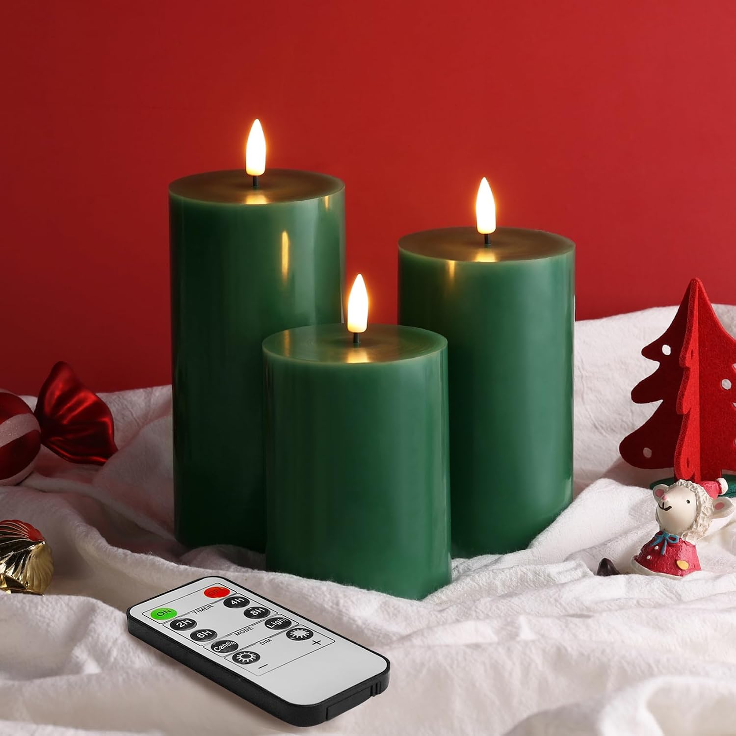 Dark Green Flameless Pillar Candles with Remote Set of 3 | Flickering LED Wax Candles, Flat Top, 2 AA Battery Power