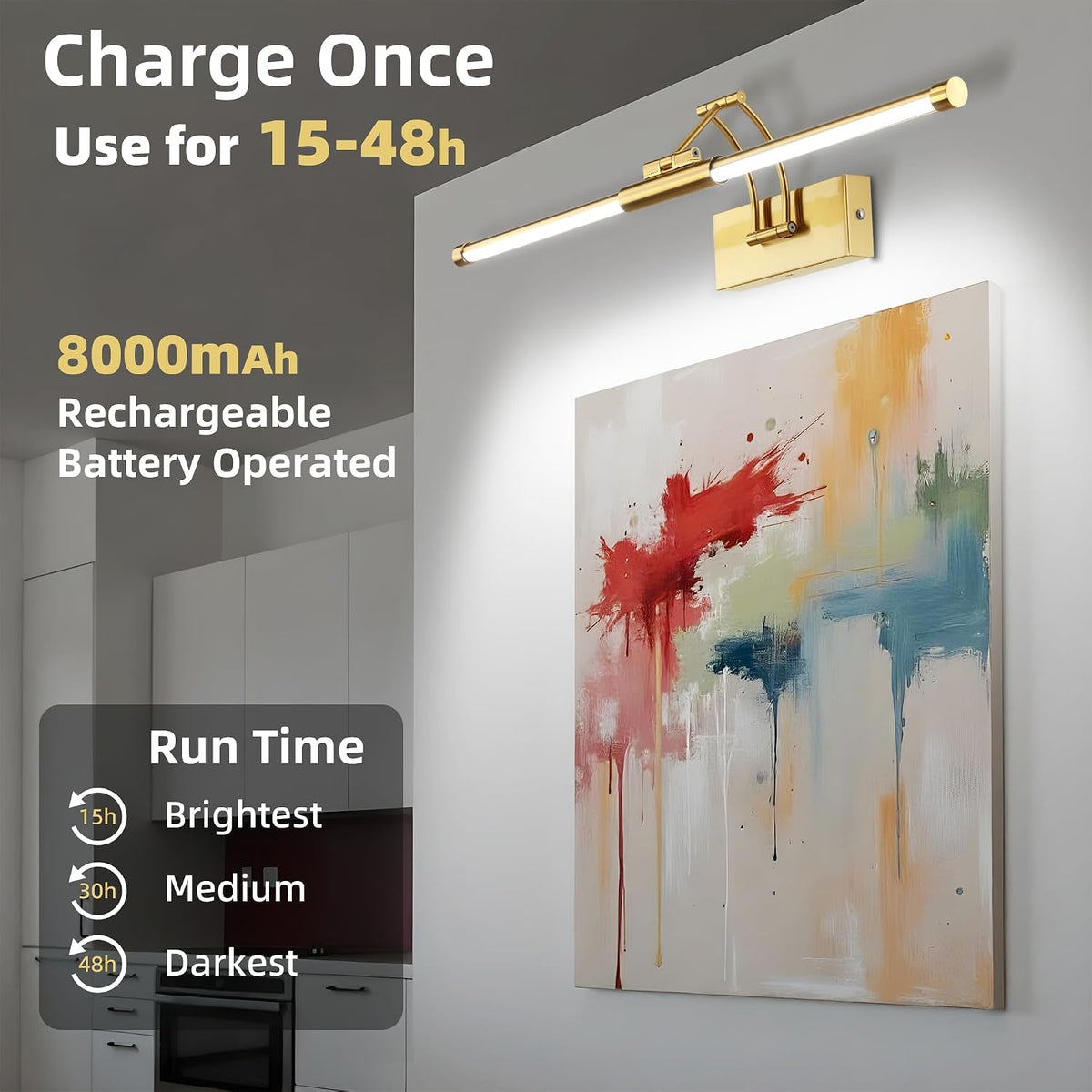 24" Picture Lights for Wall, 8000mAh Rechargeable Wireless Remote | Battery Operated Art Light 3000K/4000K/6000K