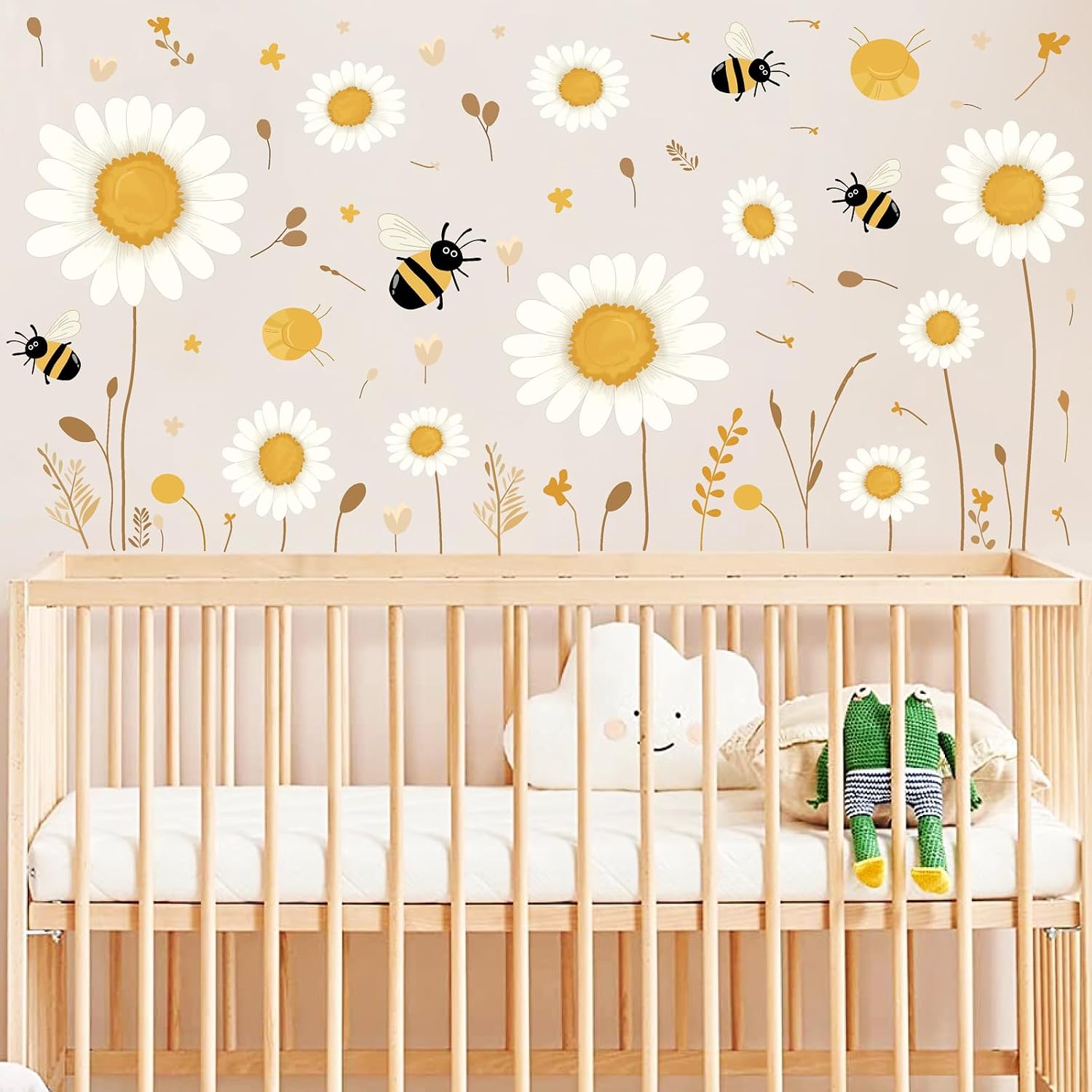 Daisy Floral Wall Stickers Boho Daisy Flower Vinyl Wall Decor for Baby Kids Bedroom / White&yellow