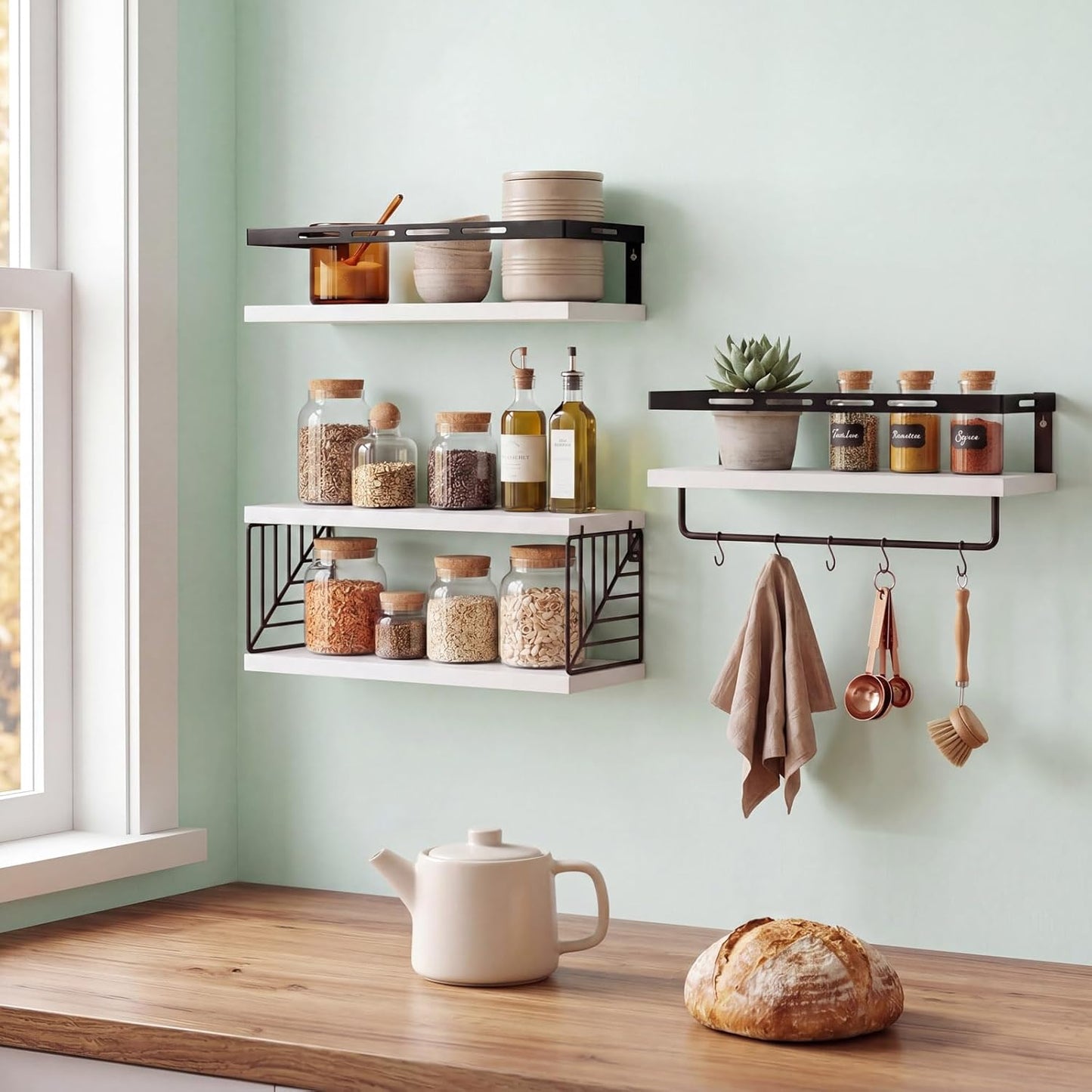 Fixwal Wall Mounted Bathroom Shelves Over Toilet (3+1 White) | Wall Shelf with Basket Storage , Towel Bar, Solid Wood