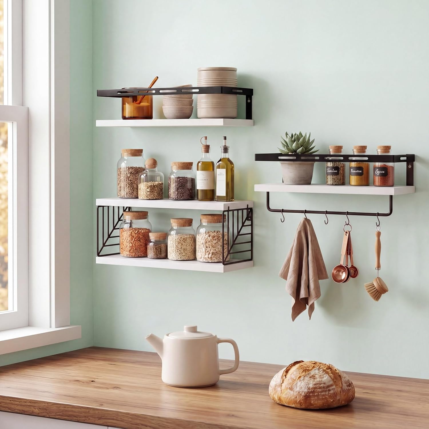 Fixwal Wall Mounted Bathroom Shelves Over Toilet (3+1 White) | Wall Shelf with Basket Storage , Towel Bar, Solid Wood