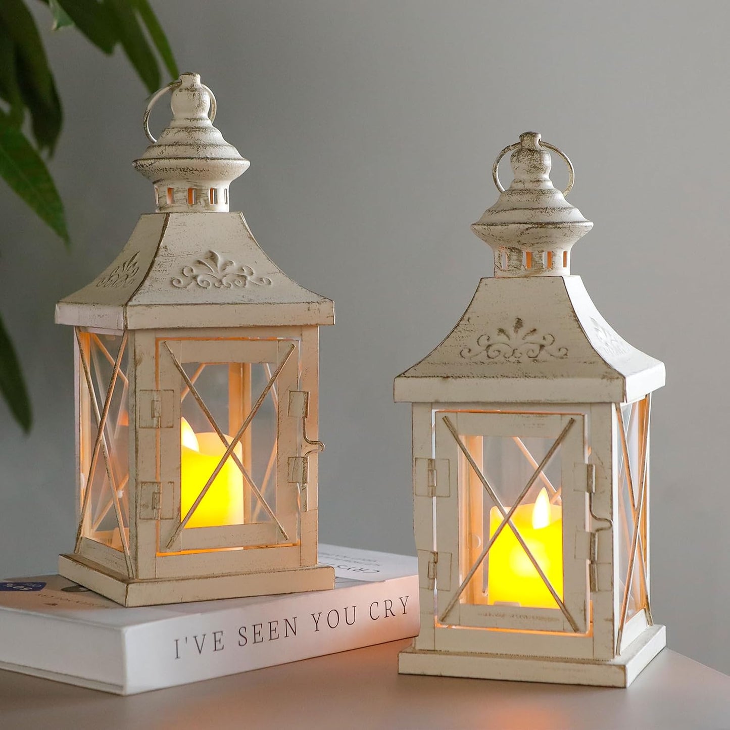 TRIROCKS Set of 2 Decorative Candle Lantern 11'' High Metal Candle Holder Hanging Lantern Perfect for Home Decor