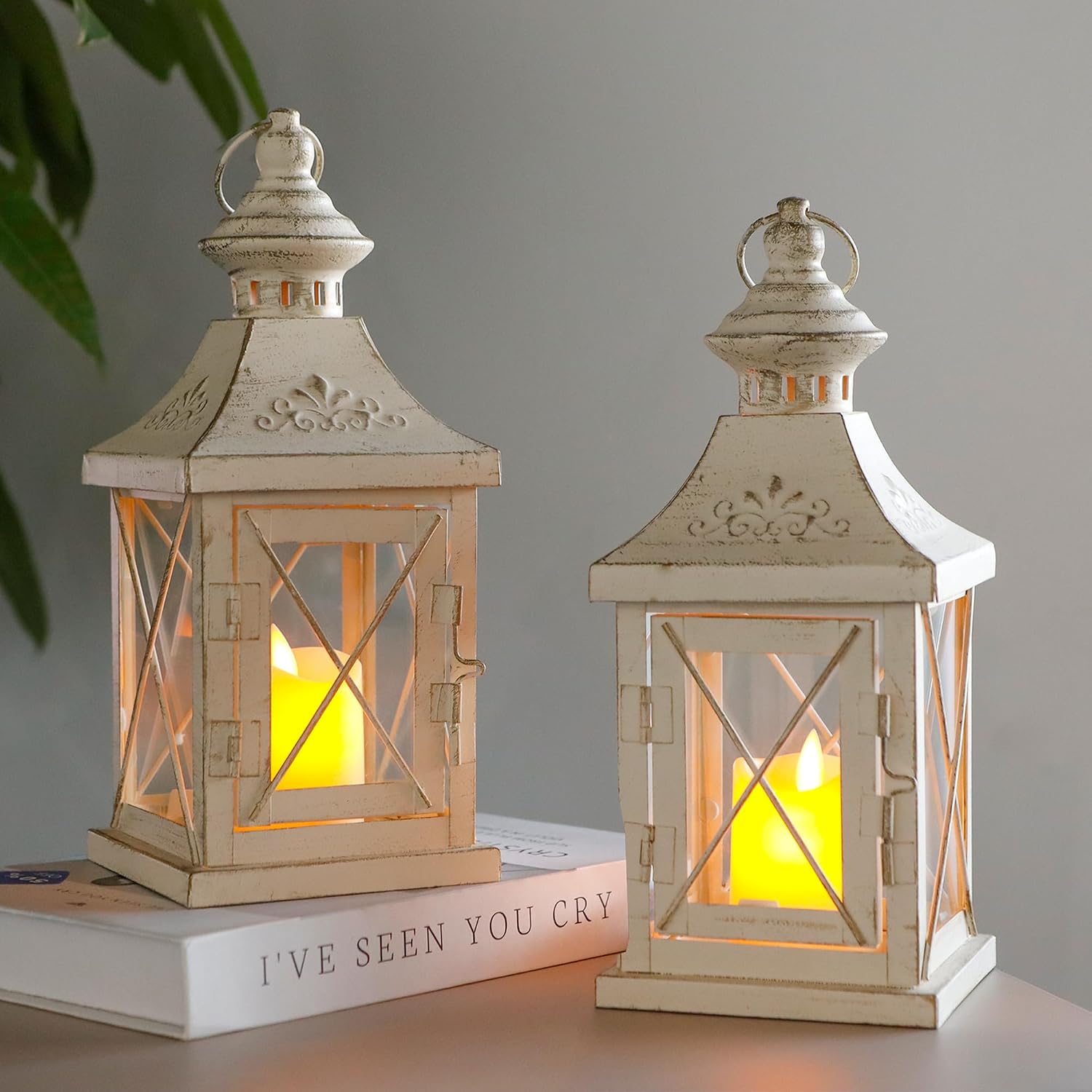 TRIROCKS Set of 2 Decorative Candle Lantern 11'' High Metal Candle Holder Hanging Lantern Perfect for Home Decor