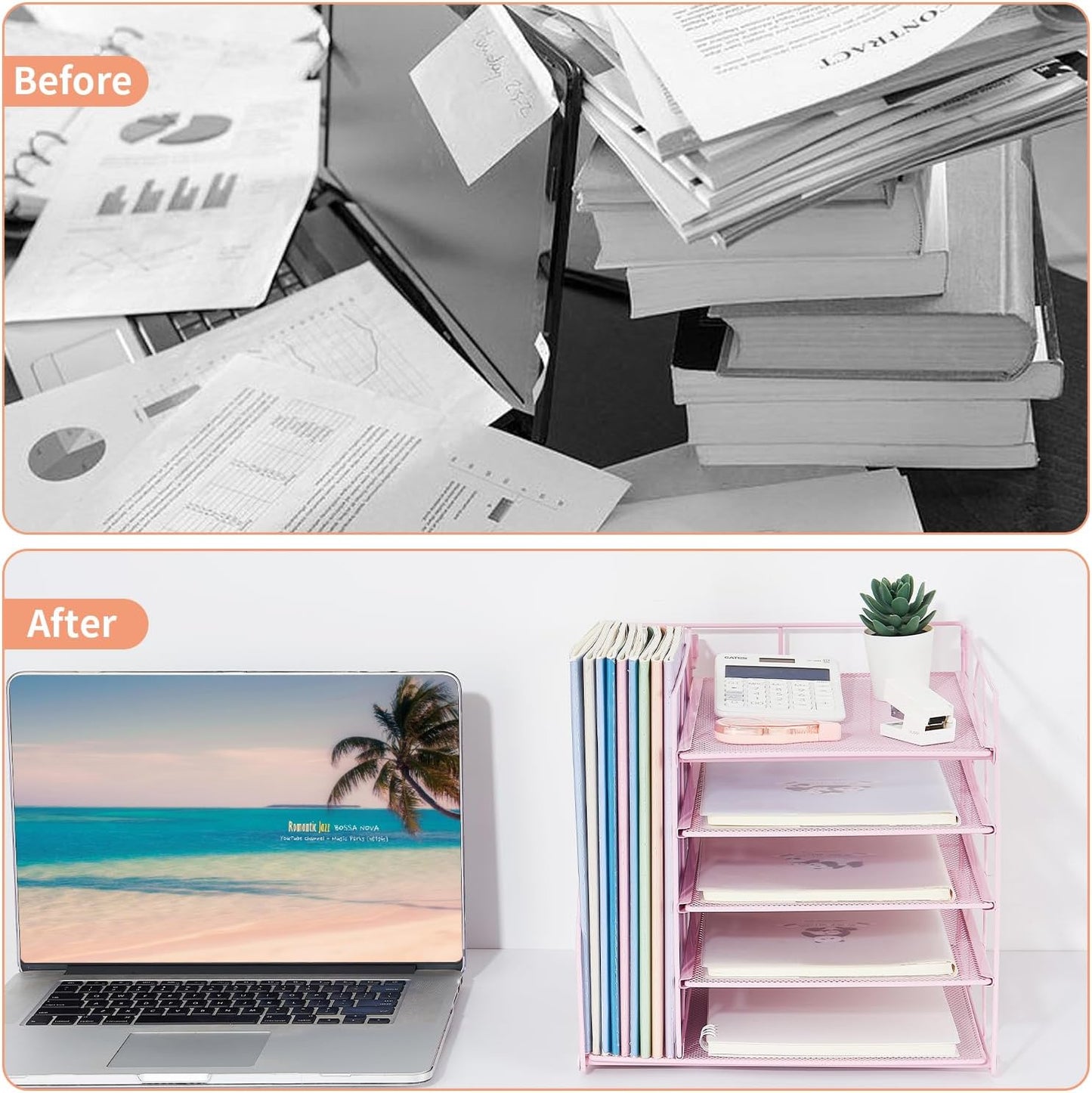 LEKETREE Desk Organizers and Accessories, 5-Tier Paper Letter Tray Organizer with File Holder, Desktop Organizer for