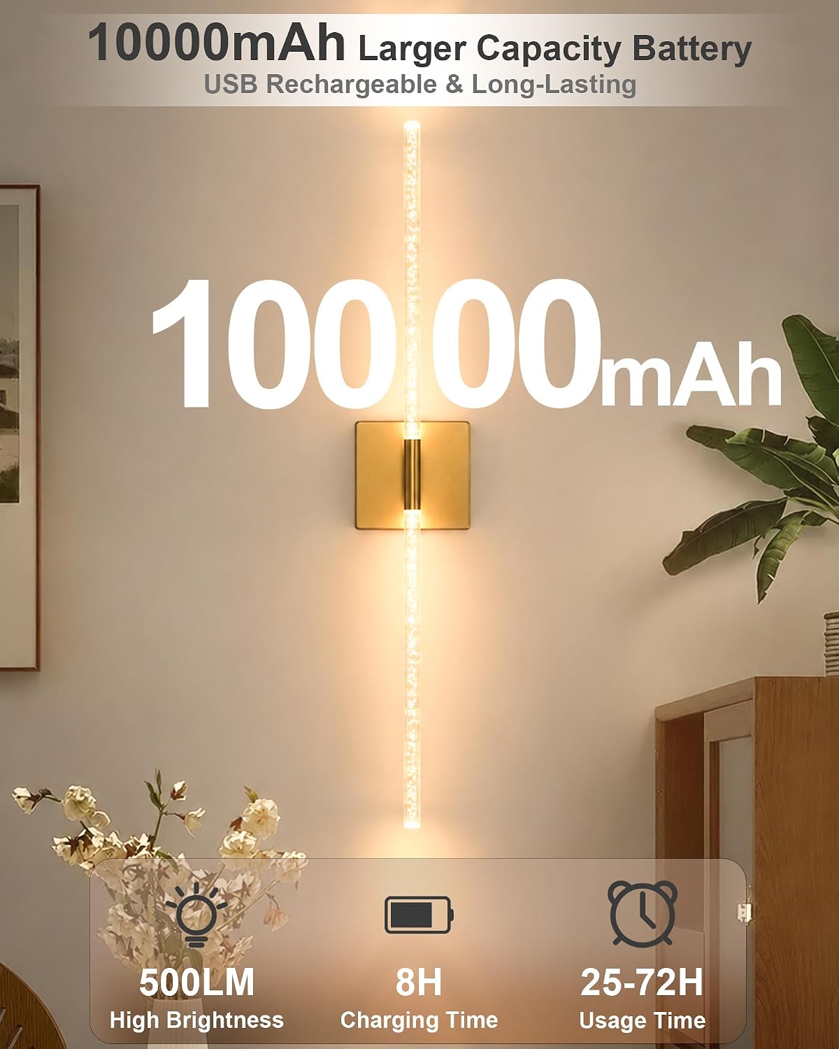 Wall Sconce Set of 2: Gold Rechargeable Wireless Magnetic Install, Crystal | 10000mAh Battery Operated, 360° Rotatable