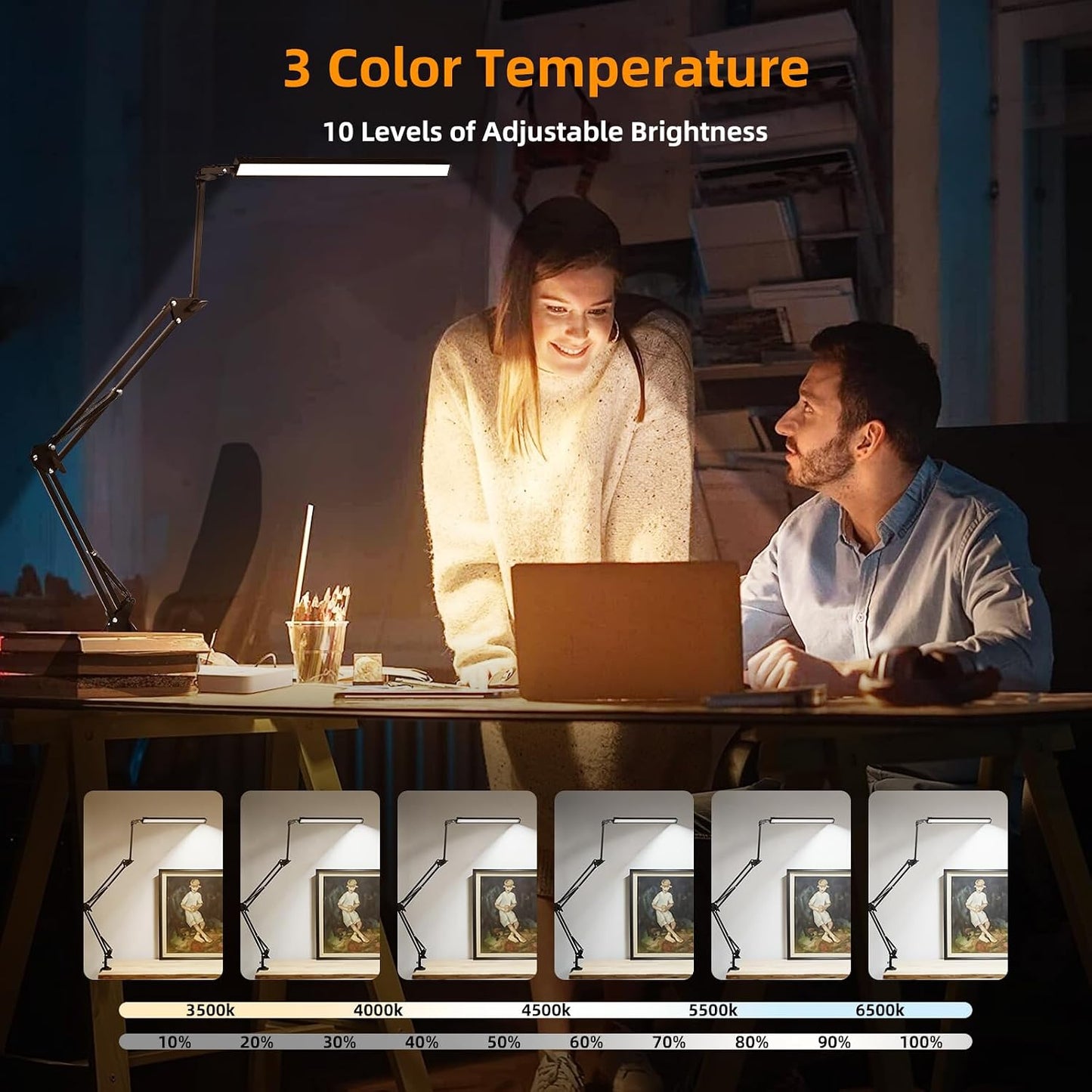 NOEVSBIG LED Desk Lamp with Clamp,2-in-1 Clamp on Desk Lamps with Base,50.7" Adjustable Swing Arm Architect Desk