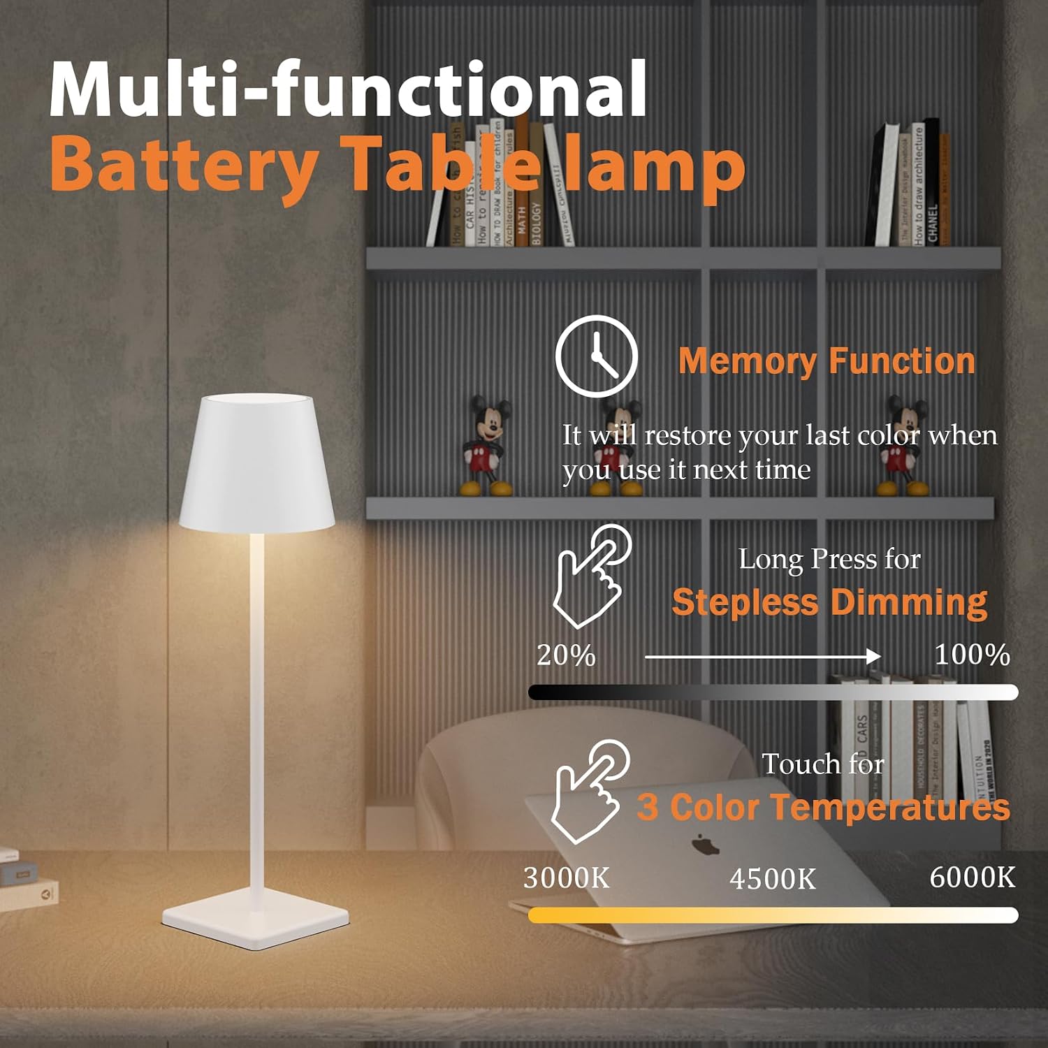 White Cordless Table Lamp, 2 Pack 5500mAh Battery Powered LED Table Light, 3 Color Temperatures Stepless Dimmable