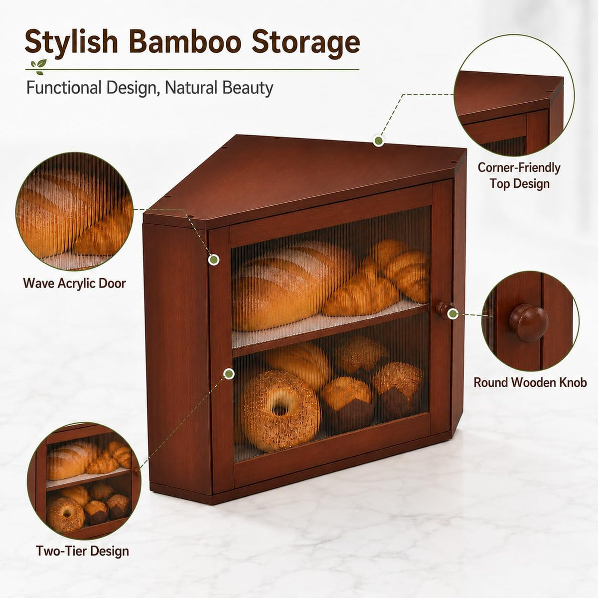BAMBANG Corner Bread Box for Kitchen Countertop, Large Capacity Bamboo Wood Bread Storage Container, 2 Tier Farmhouse