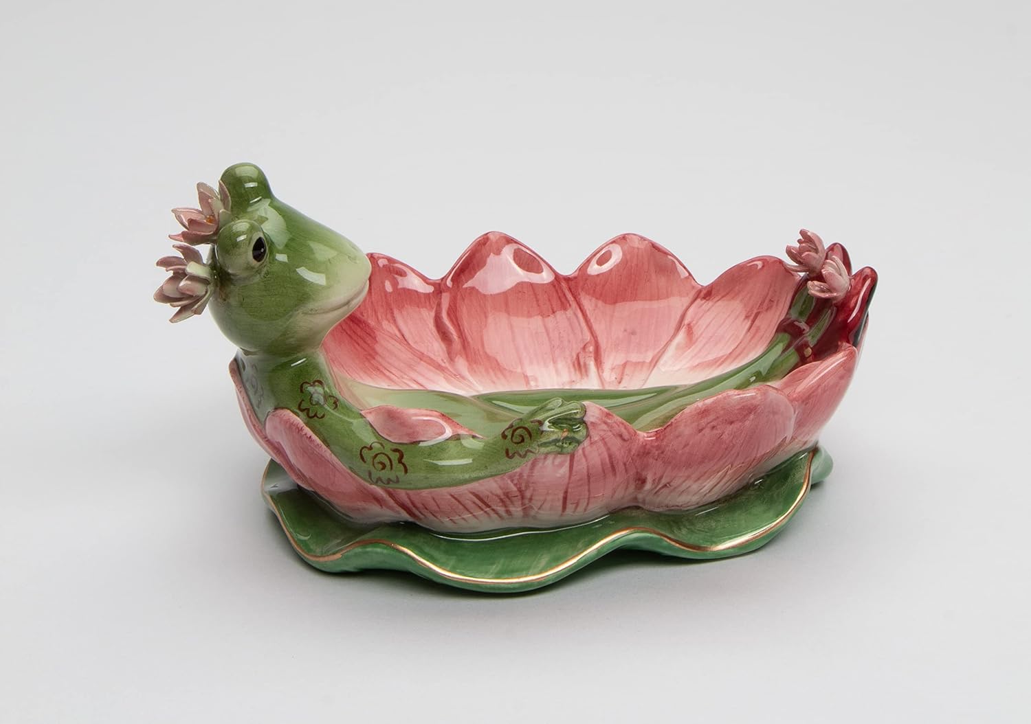 Fine Ceramic Hand Painted Lady Frog on Water Lily Lotus Flower Soap Dish or Nic Nac Dish or Jewelry